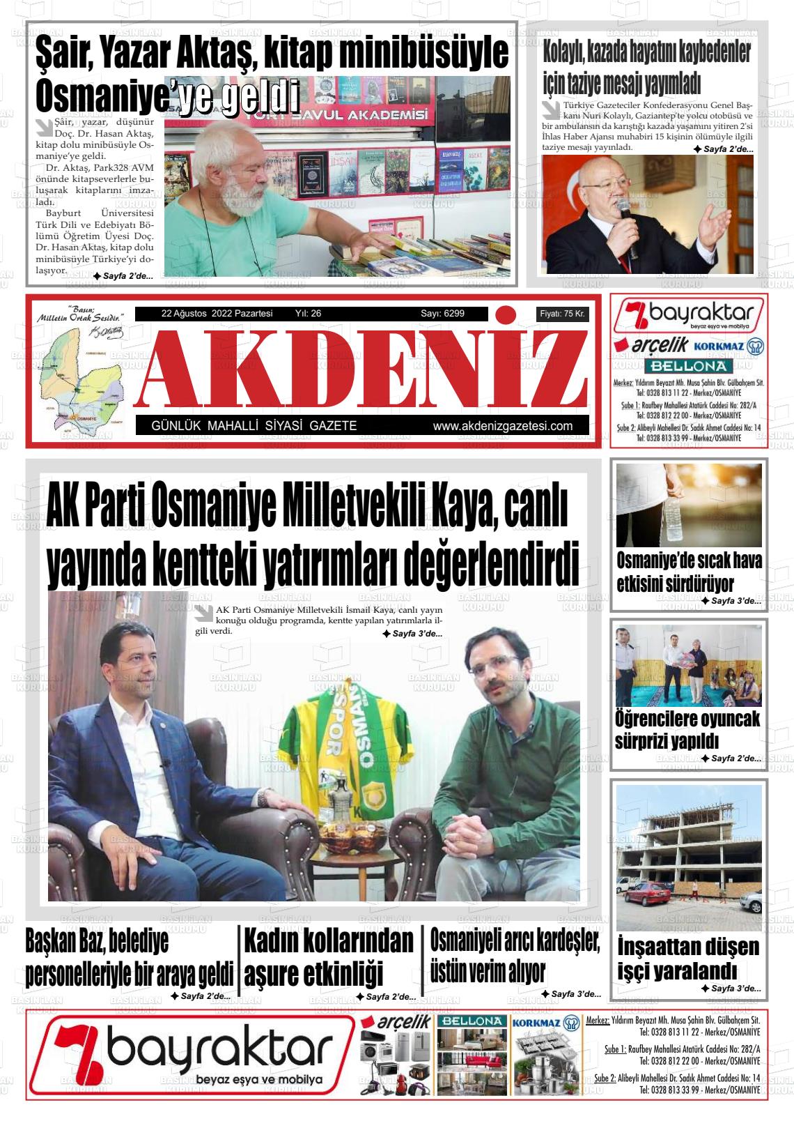 22 Ağustos 2022 Osmaniye Akdeniz Gazete Manşeti