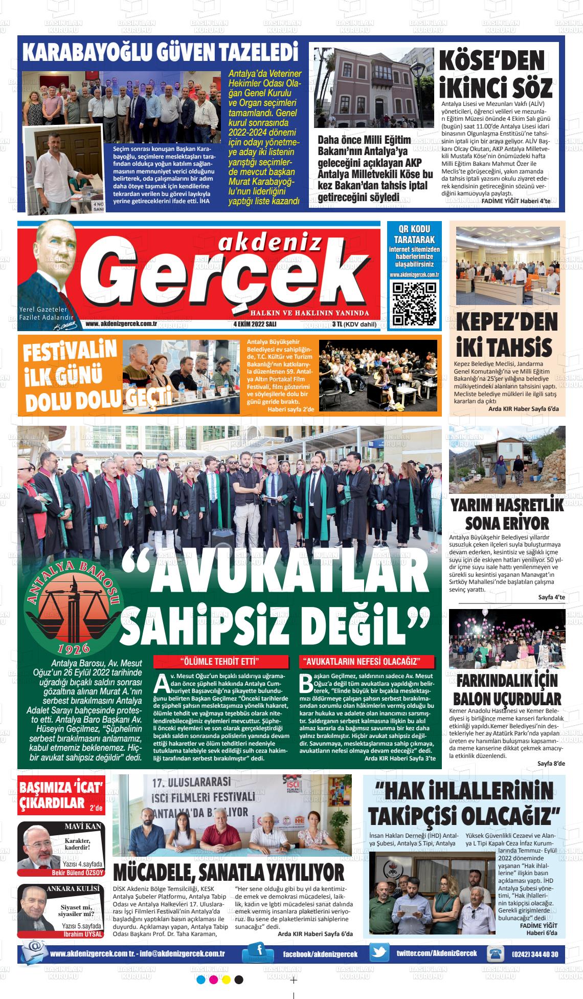 04 Ekim 2022 Akdeniz Gerçek Gazete Manşeti
