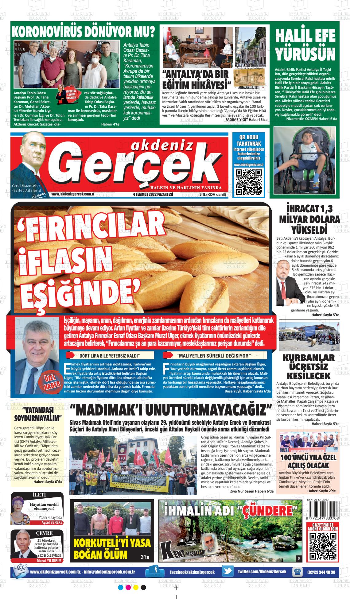 04 Temmuz 2022 Akdeniz Gerçek Gazete Manşeti