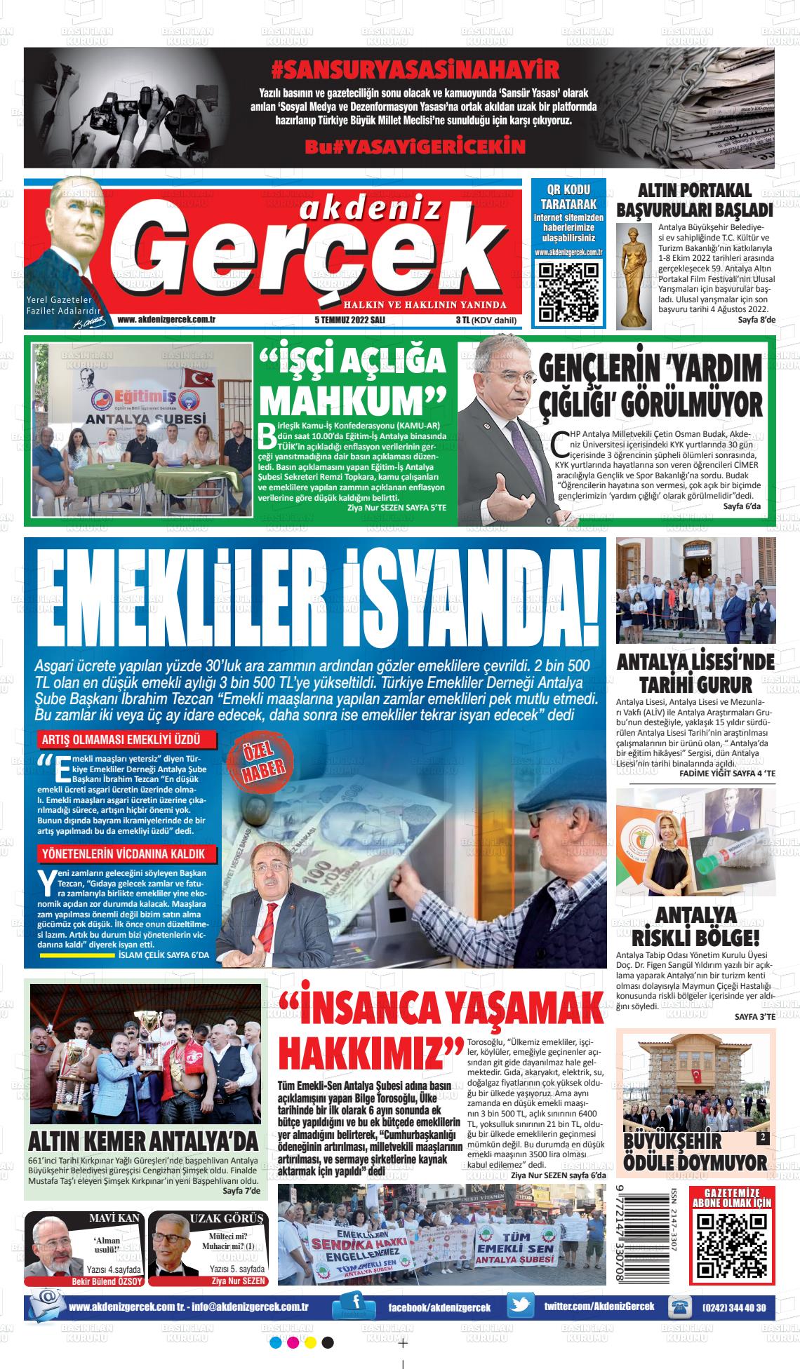 05 Temmuz 2022 Akdeniz Gerçek Gazete Manşeti