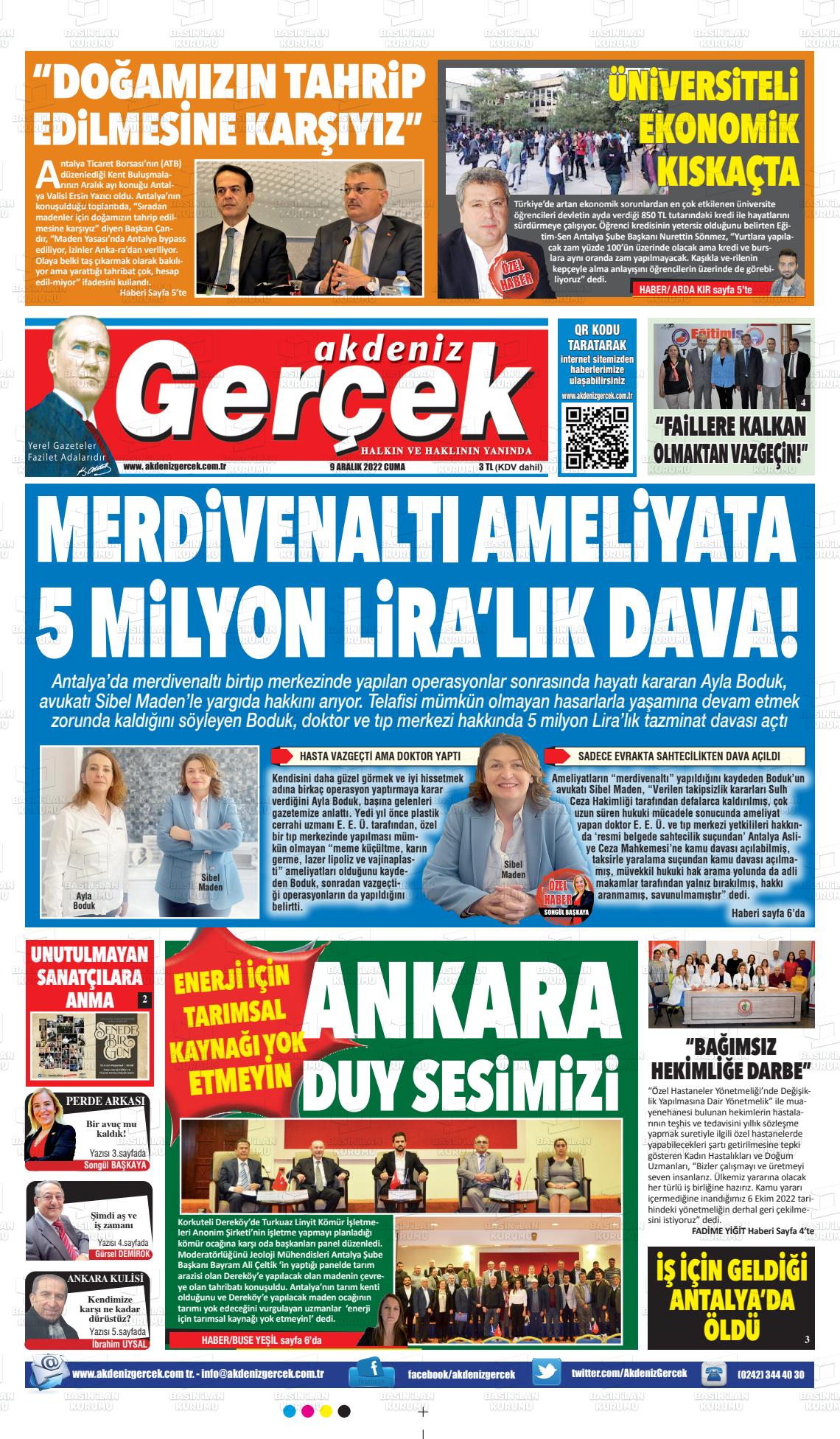 09 Aralık 2022 Akdeniz Gerçek Gazete Manşeti