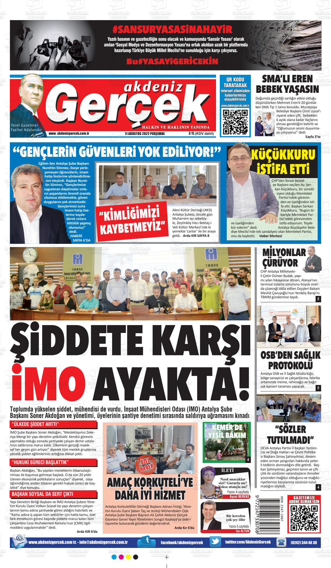 11 Ağustos 2022 Akdeniz Gerçek Gazete Manşeti