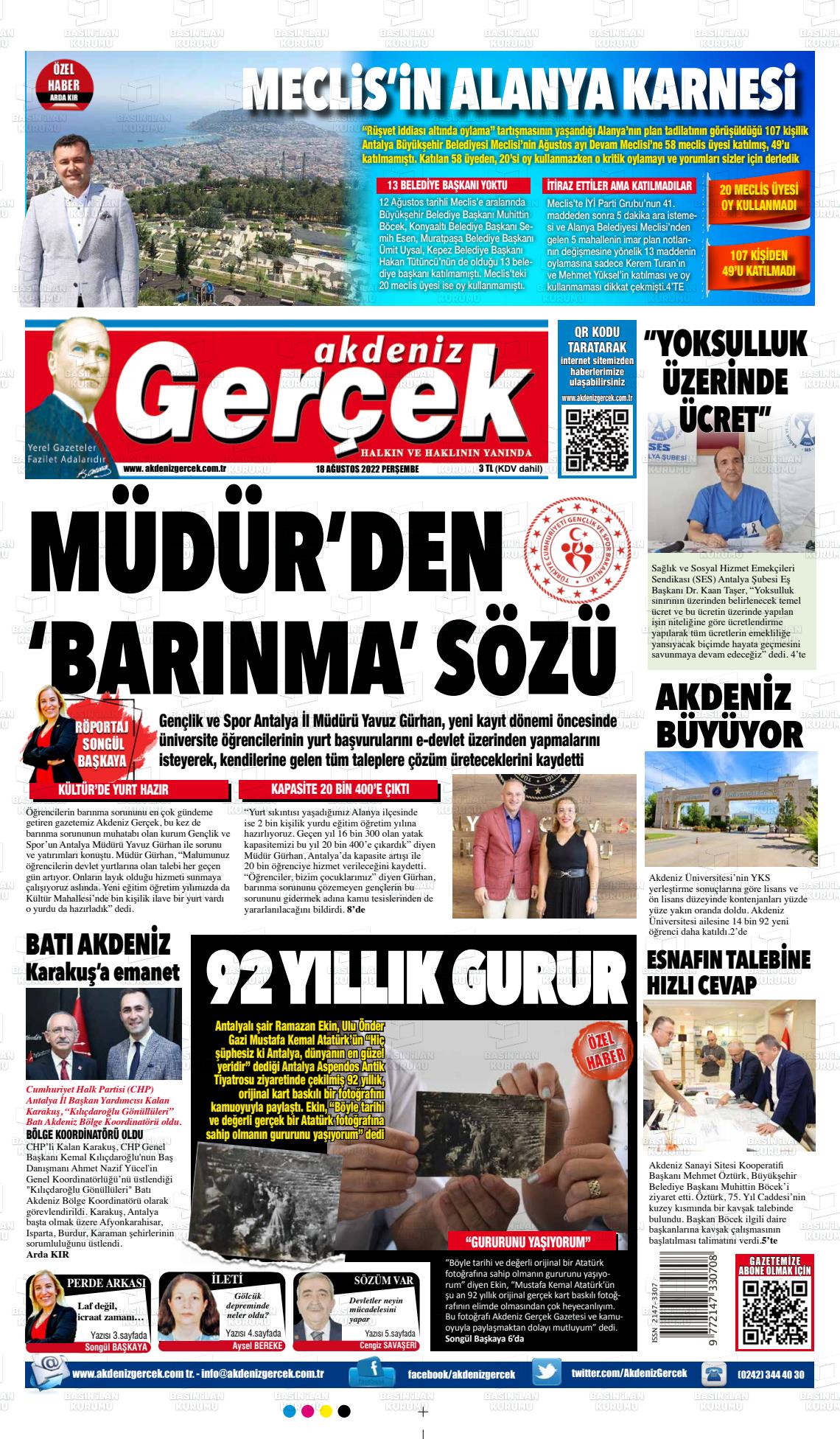 18 Ağustos 2022 Akdeniz Gerçek Gazete Manşeti