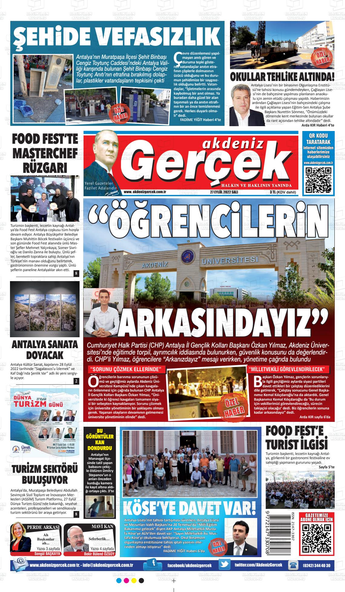27 Eylül 2022 Akdeniz Gerçek Gazete Manşeti