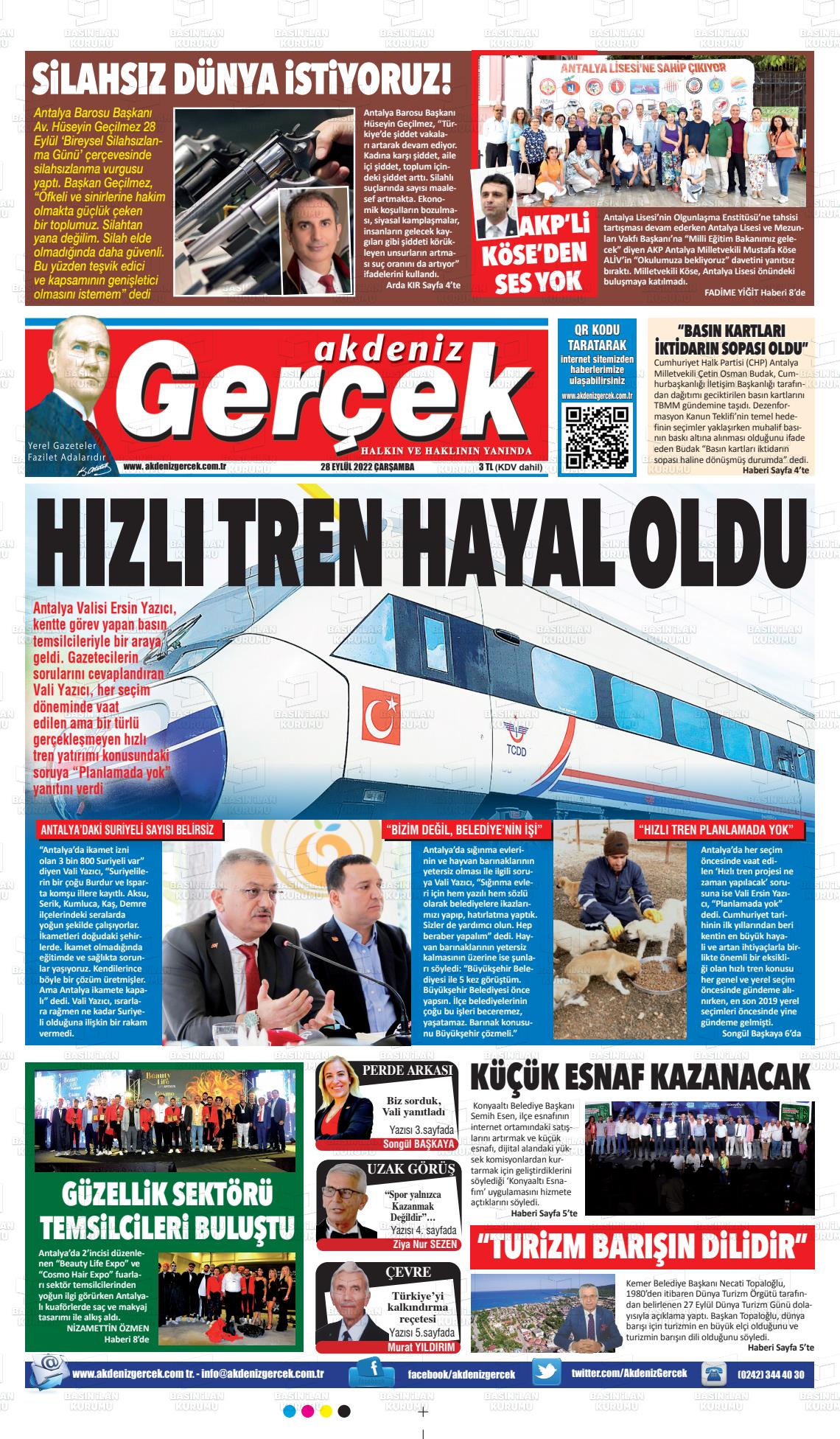 28 Eylül 2022 Akdeniz Gerçek Gazete Manşeti