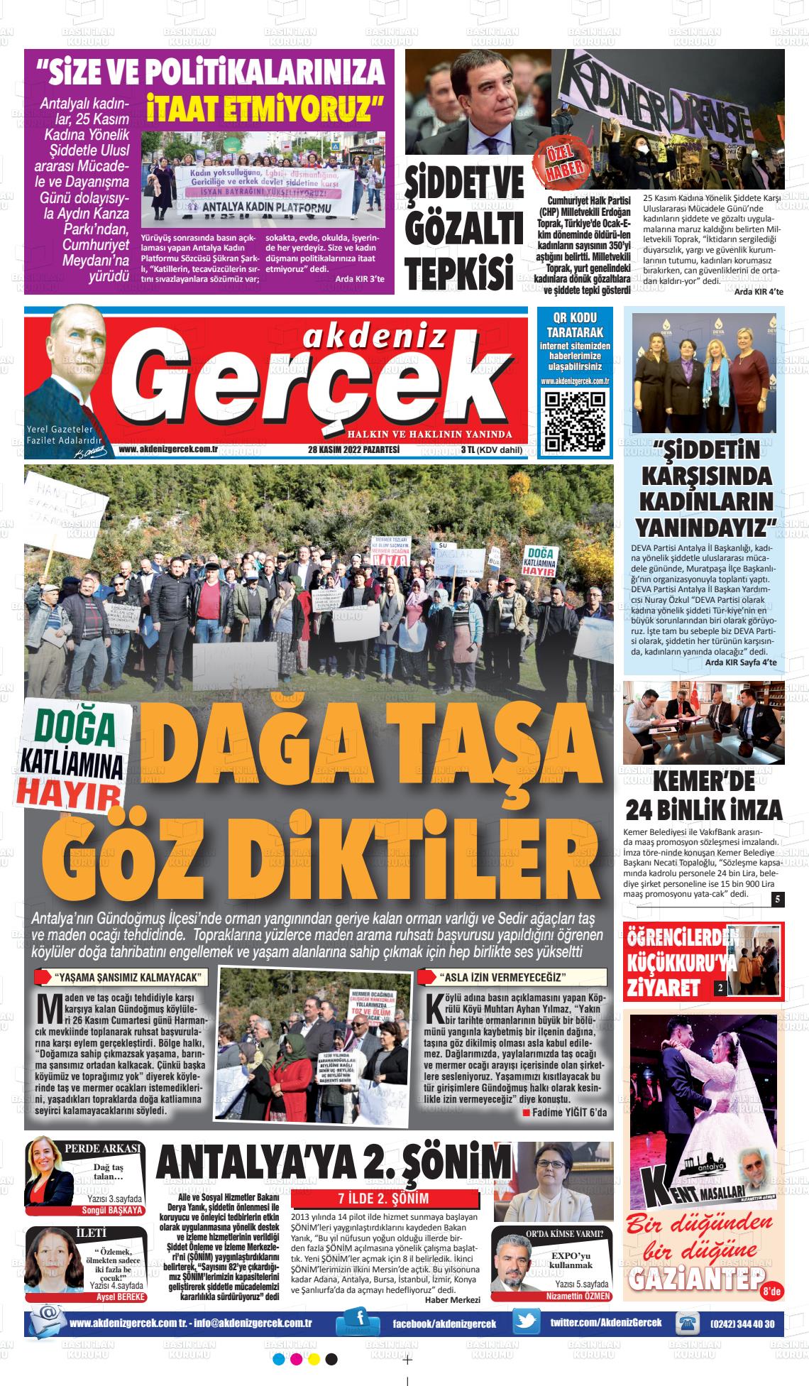 28 Kasım 2022 Akdeniz Gerçek Gazete Manşeti