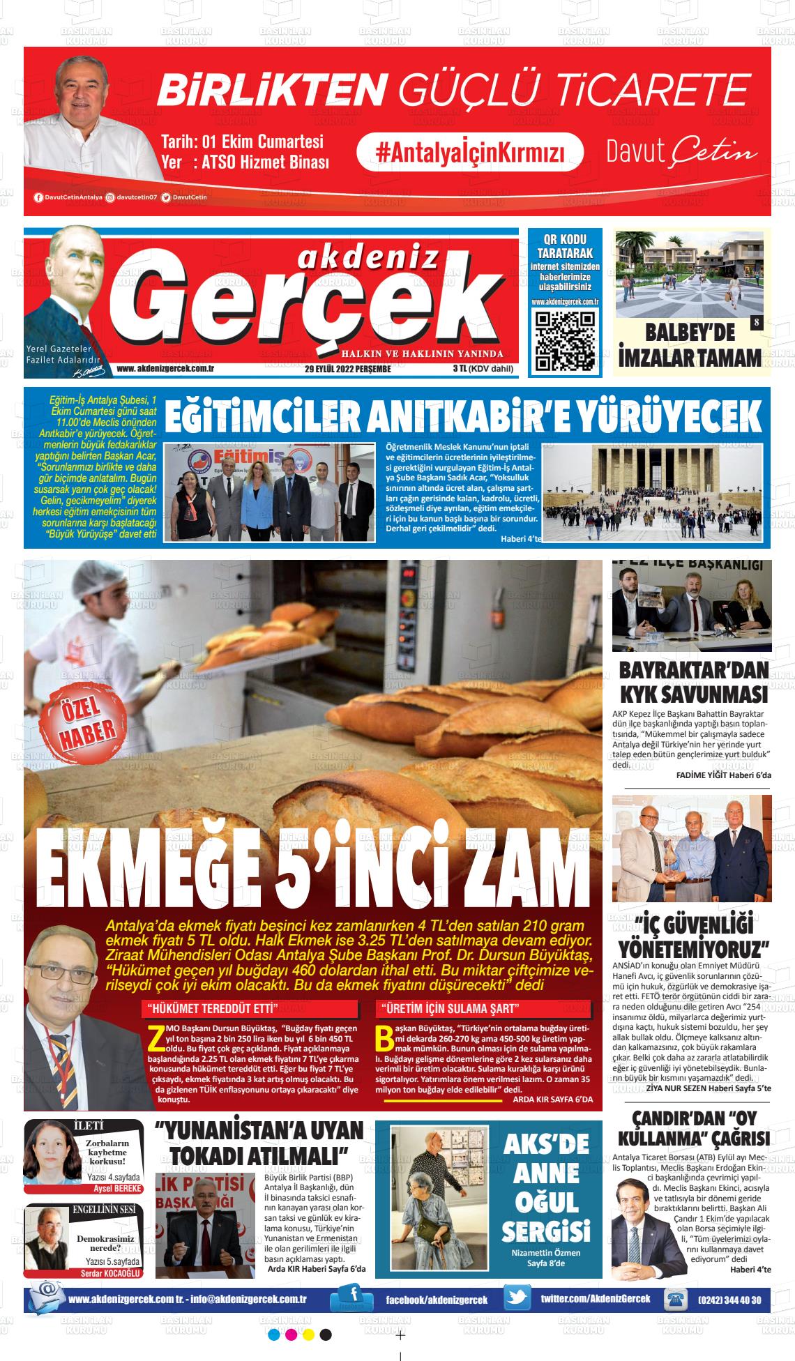 29 Eylül 2022 Akdeniz Gerçek Gazete Manşeti
