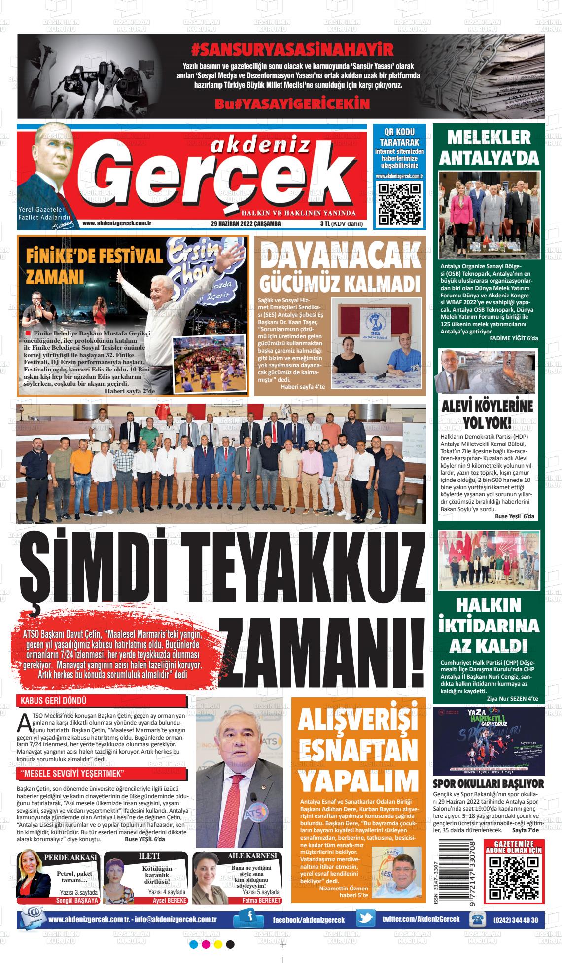 29 Haziran 2022 Akdeniz Gerçek Gazete Manşeti