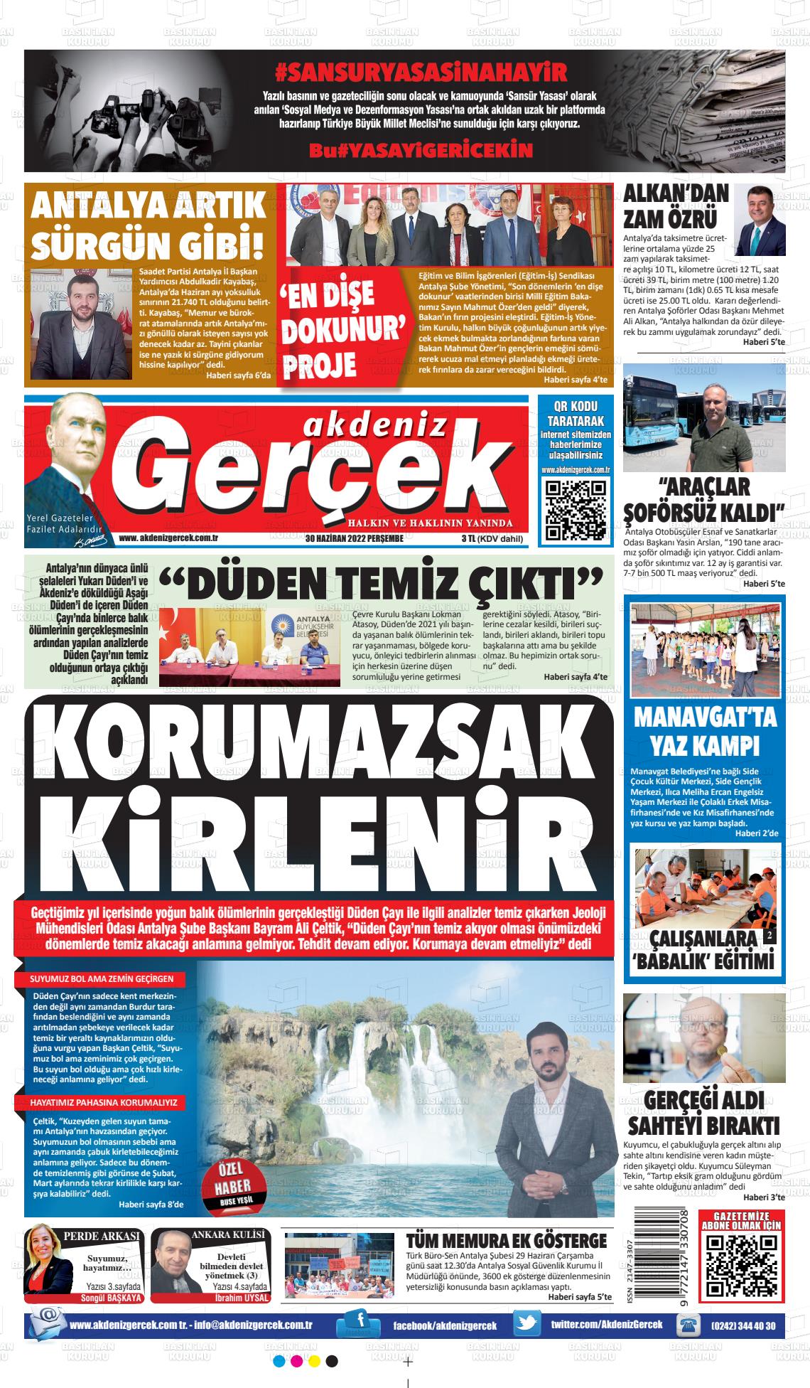 01 Temmuz 2022 Akdeniz Gerçek Gazete Manşeti