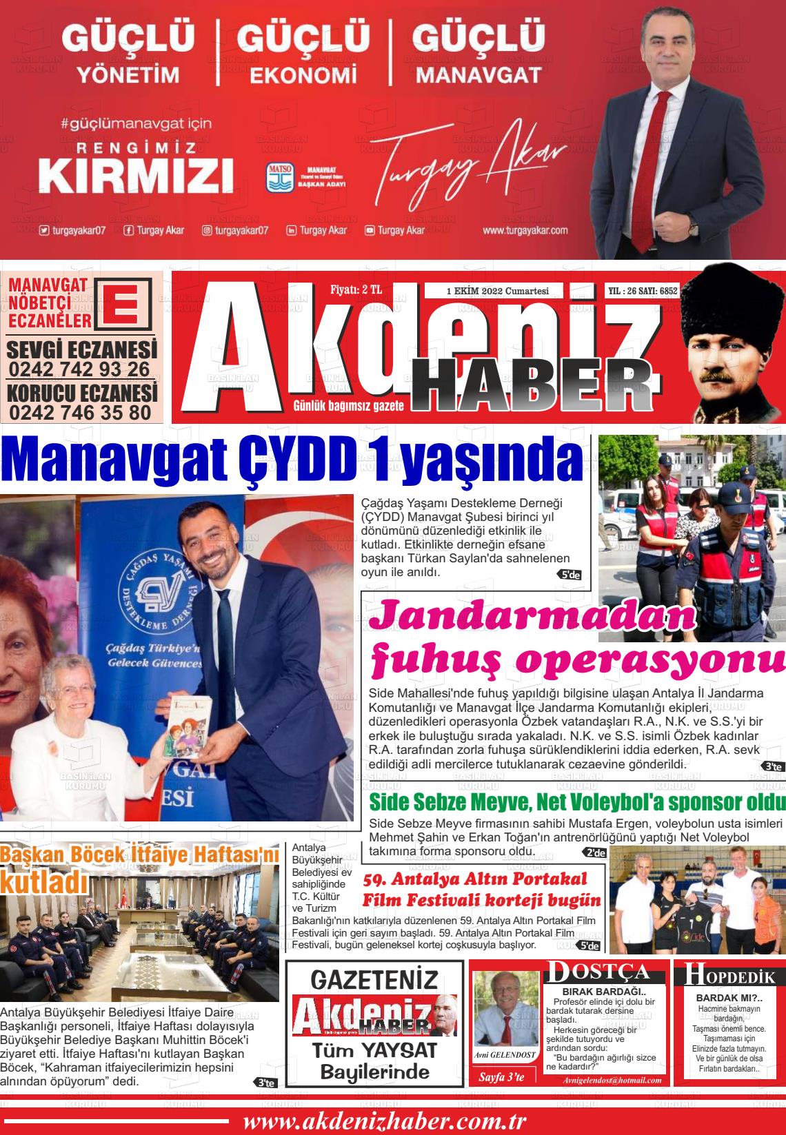 01 Ekim 2022 Akdeniz Haber Gazete Manşeti