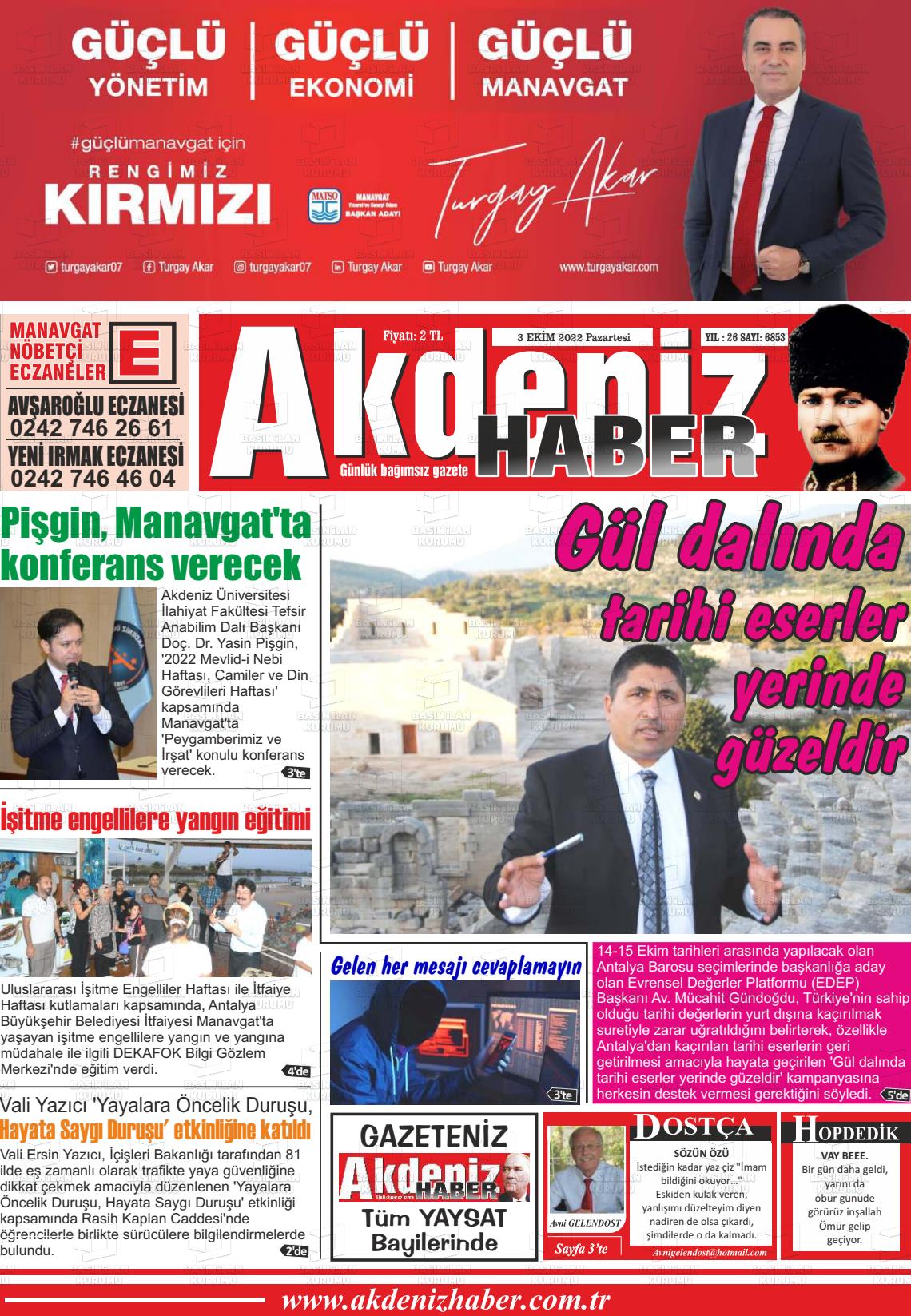 03 Ekim 2022 Akdeniz Haber Gazete Manşeti