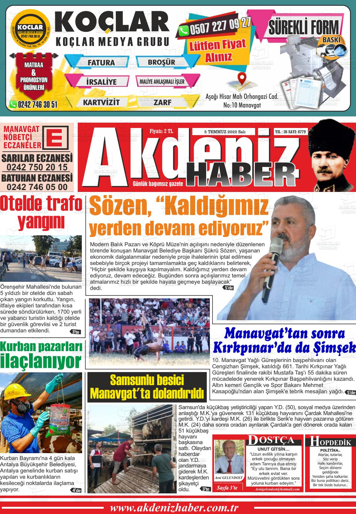 05 Temmuz 2022 Akdeniz Haber Gazete Manşeti