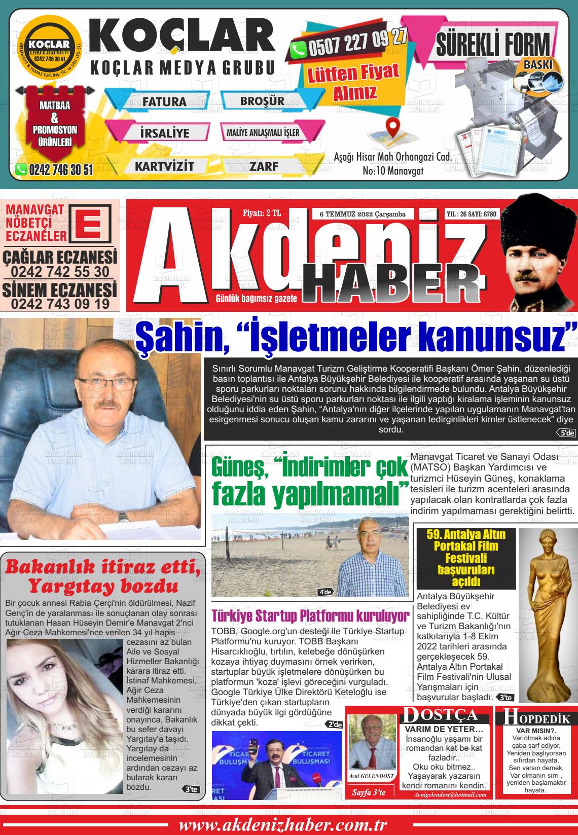 06 Temmuz 2022 Akdeniz Haber Gazete Manşeti