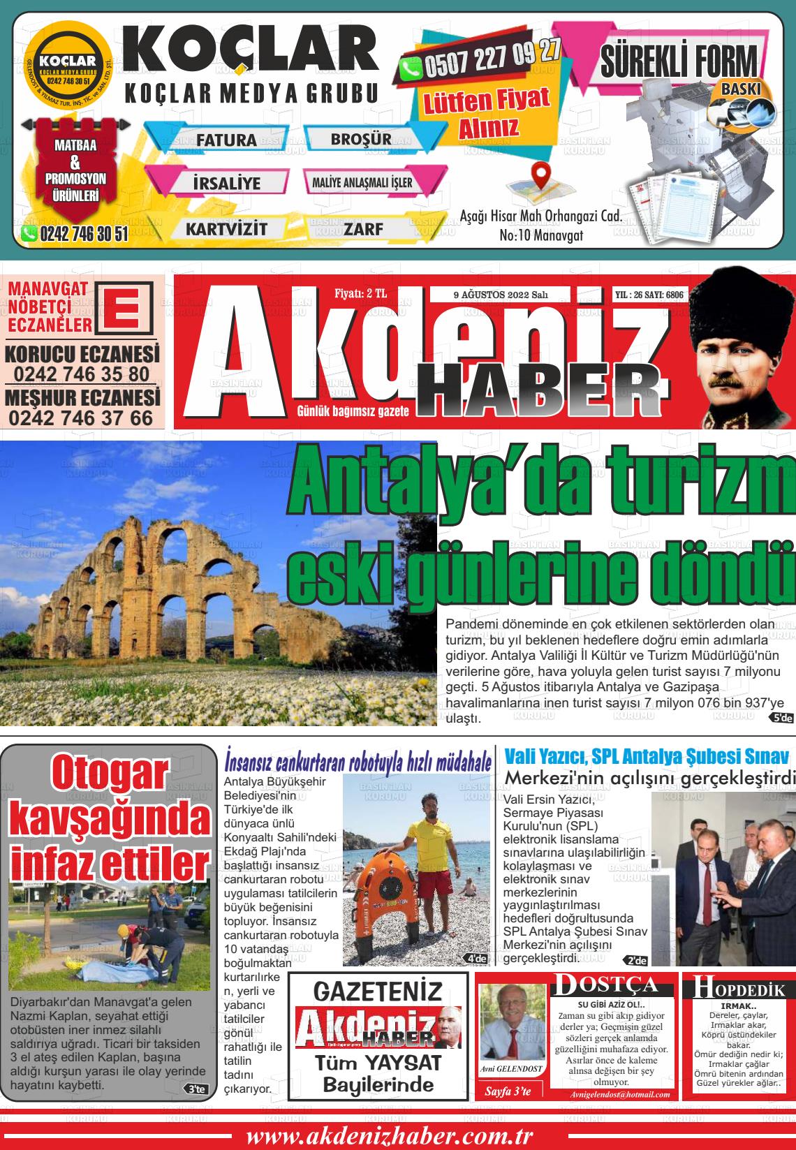 09 Ağustos 2022 Akdeniz Haber Gazete Manşeti