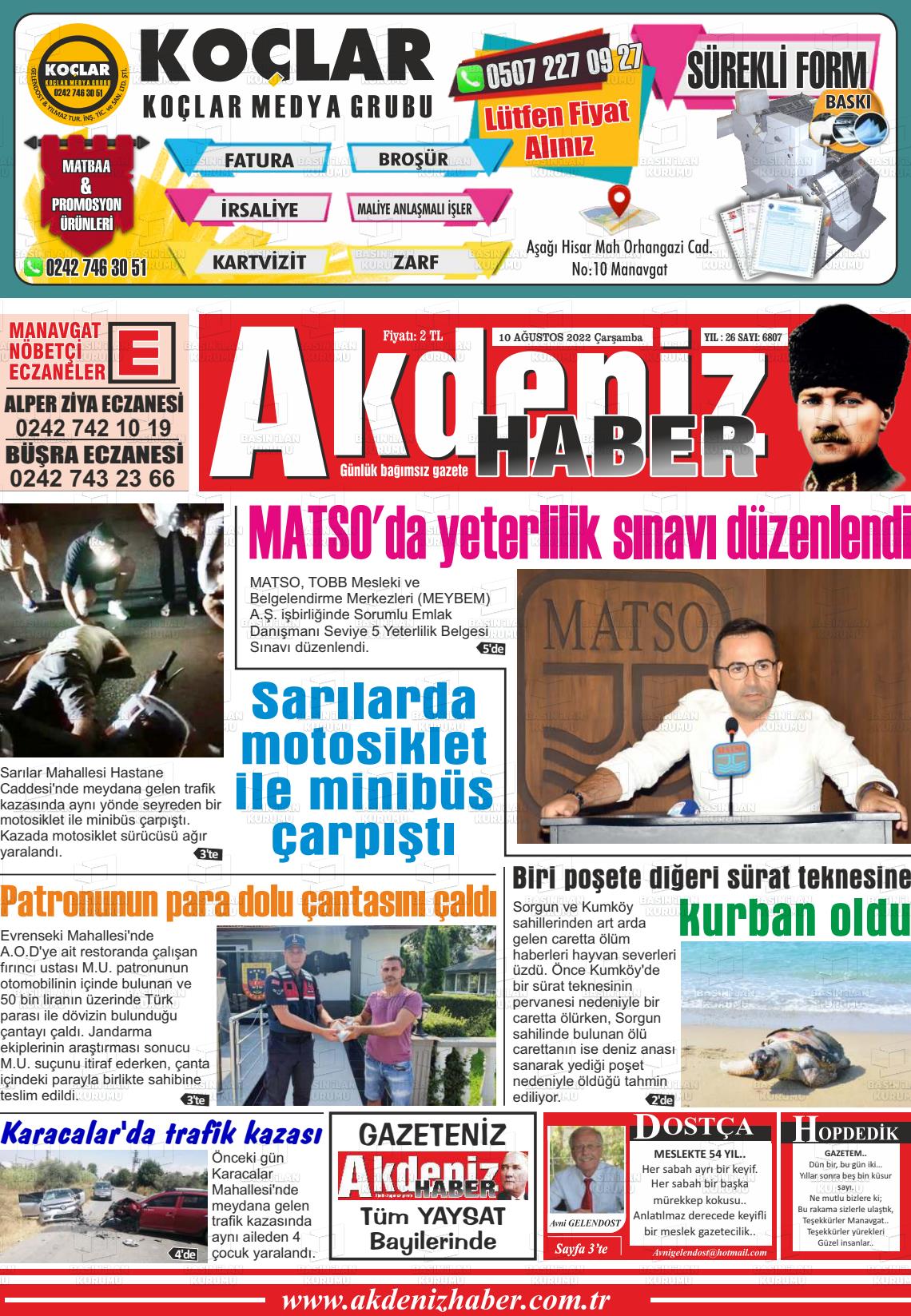 10 Ağustos 2022 Akdeniz Haber Gazete Manşeti