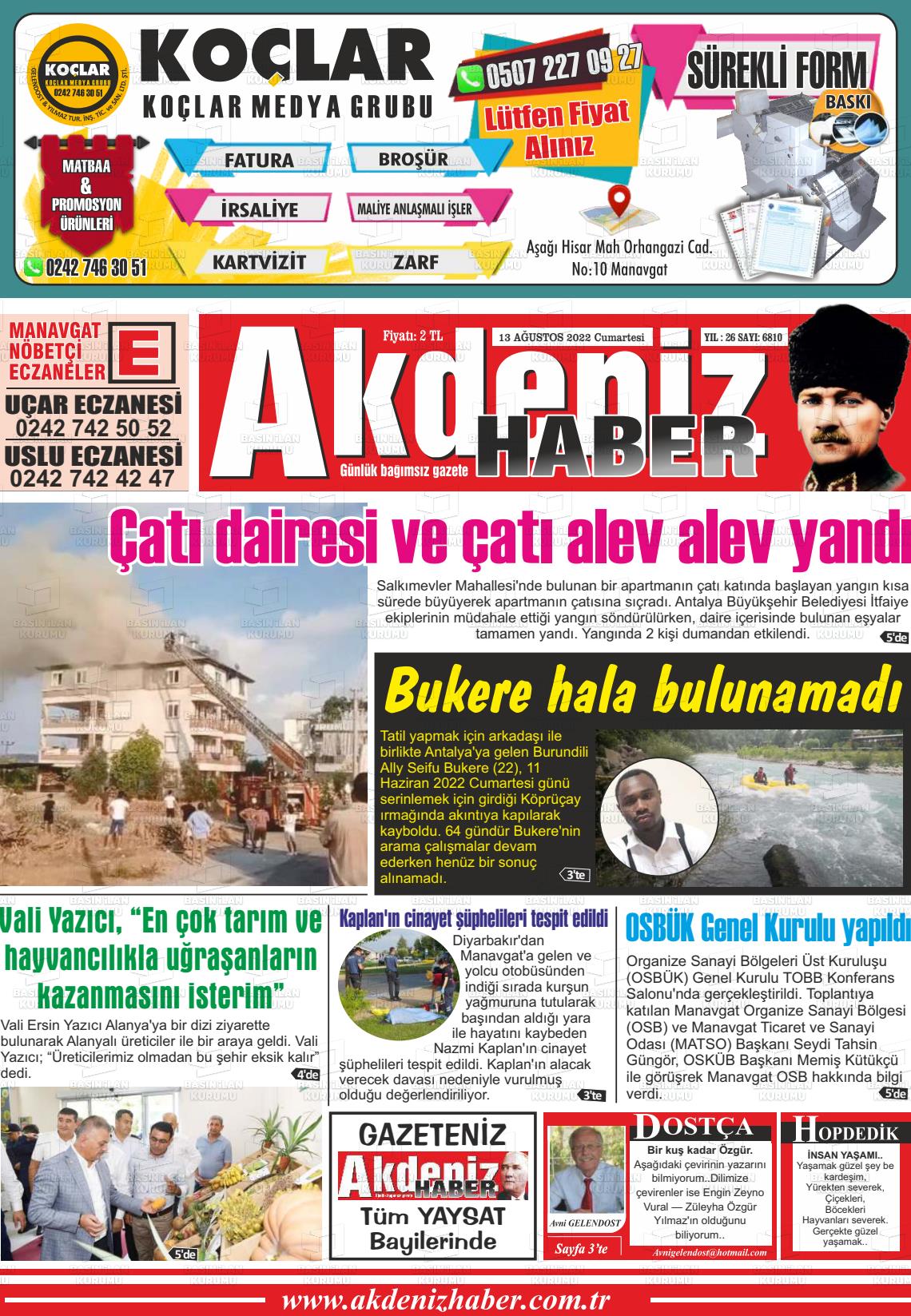 13 Ağustos 2022 Akdeniz Haber Gazete Manşeti