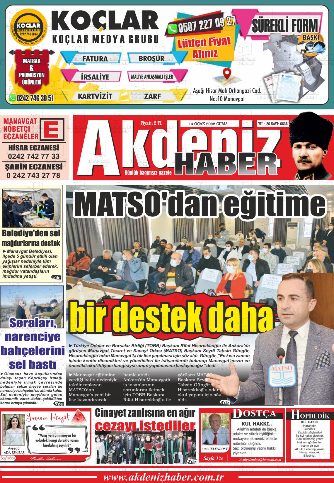 14 Ocak 2022 Akdeniz Haber Gazete Manşeti