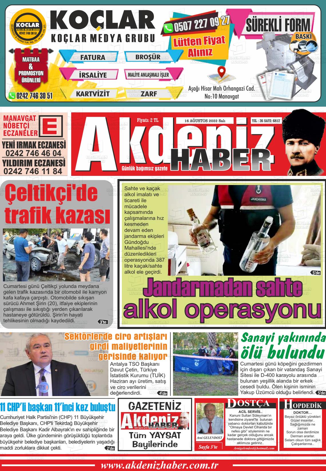 16 Ağustos 2022 Akdeniz Haber Gazete Manşeti