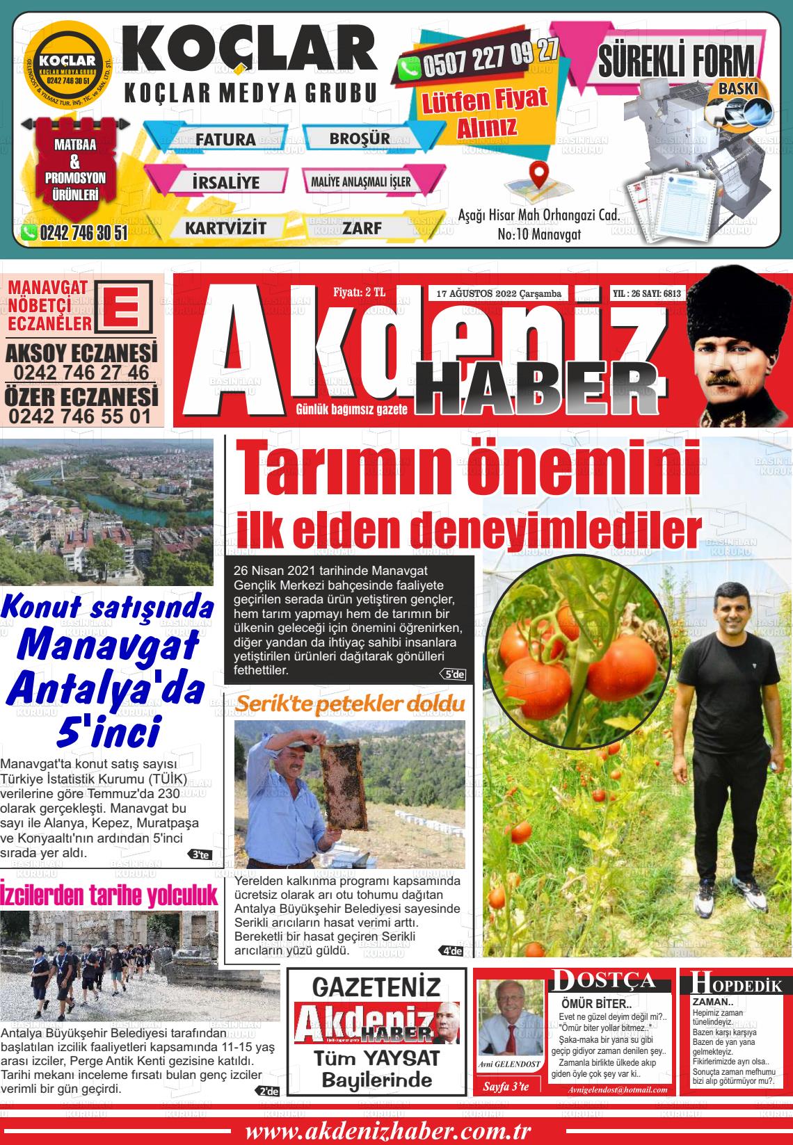 17 Ağustos 2022 Akdeniz Haber Gazete Manşeti