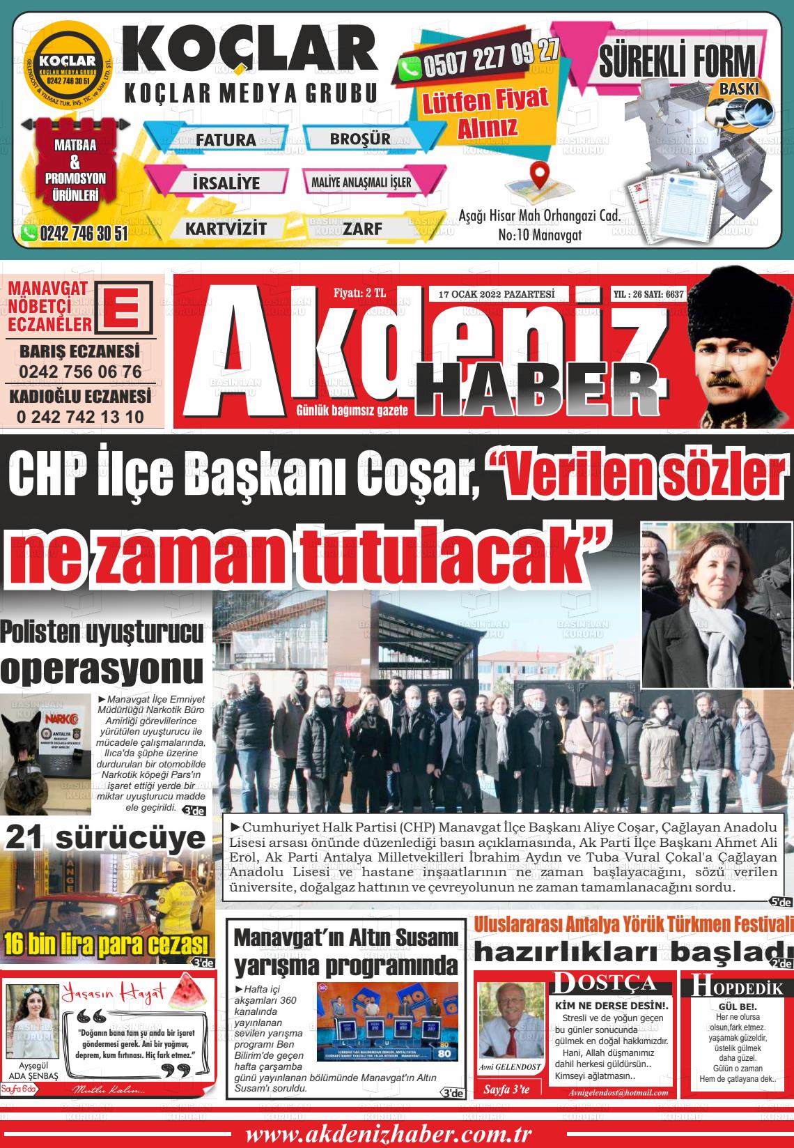 17 Ocak 2022 Akdeniz Haber Gazete Manşeti