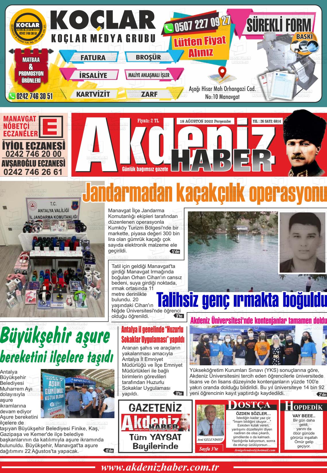 18 Ağustos 2022 Akdeniz Haber Gazete Manşeti