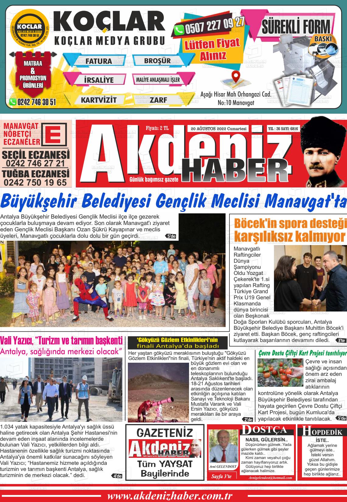 20 Ağustos 2022 Akdeniz Haber Gazete Manşeti