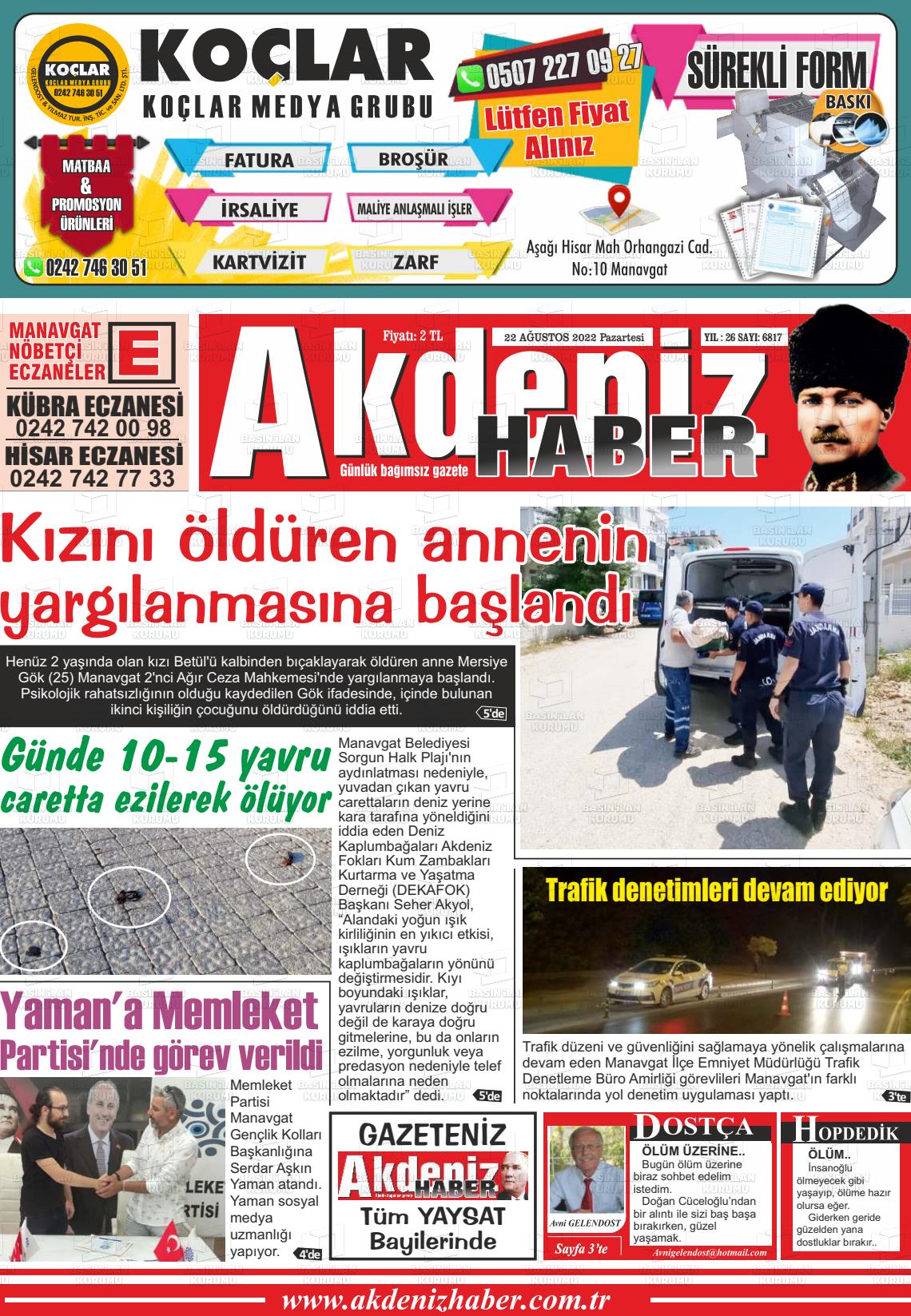 22 Ağustos 2022 Akdeniz Haber Gazete Manşeti