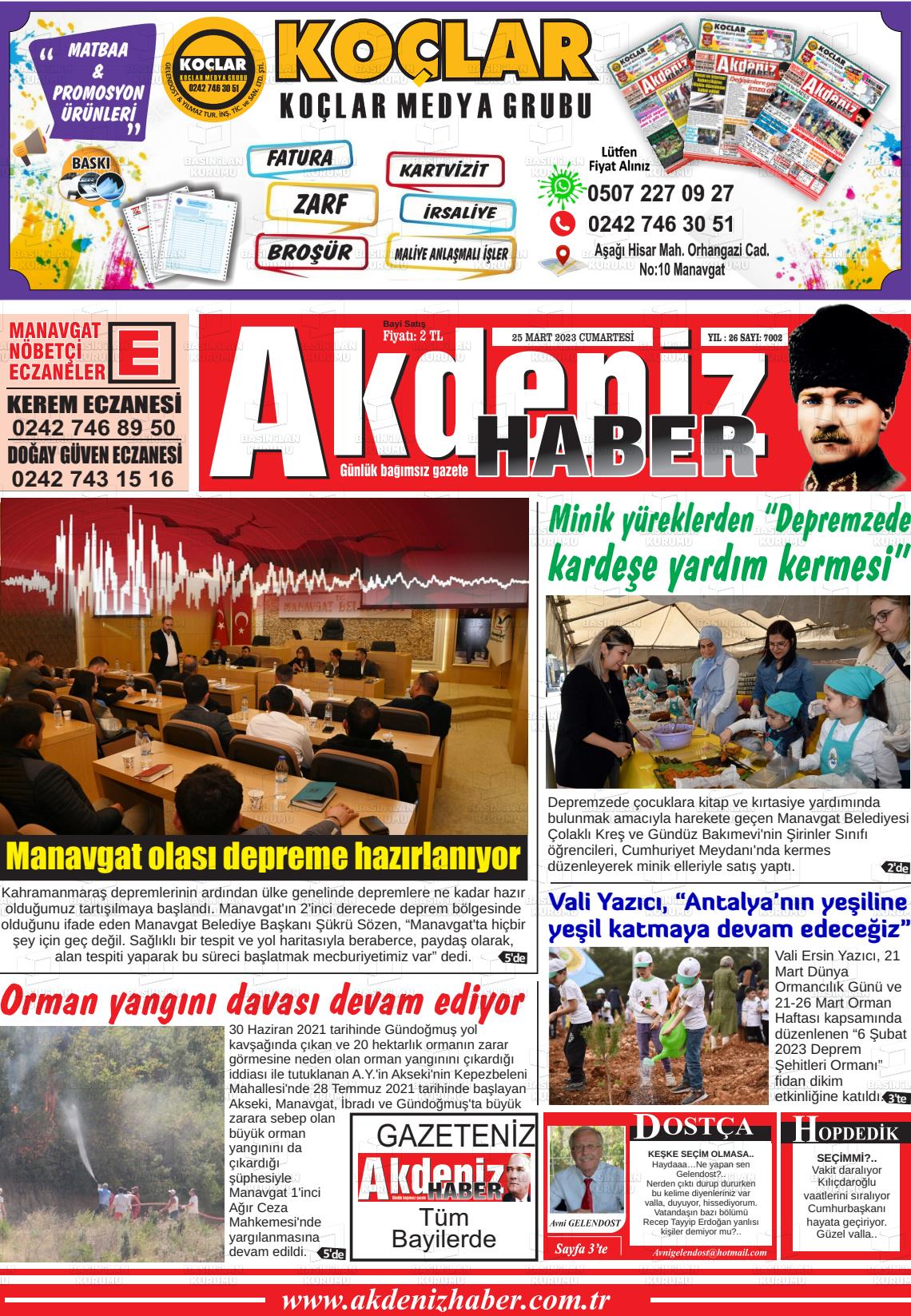 25 Mart 2023 Akdeniz Haber Gazete Manşeti