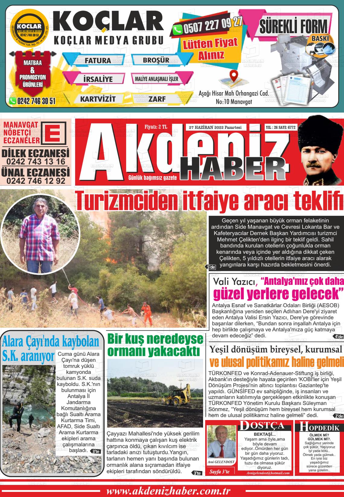 27 Haziran 2022 Akdeniz Haber Gazete Manşeti