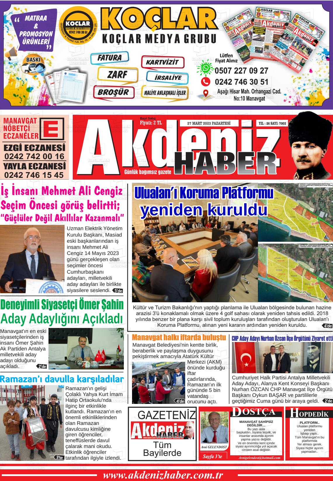 27 Mart 2023 Akdeniz Haber Gazete Manşeti