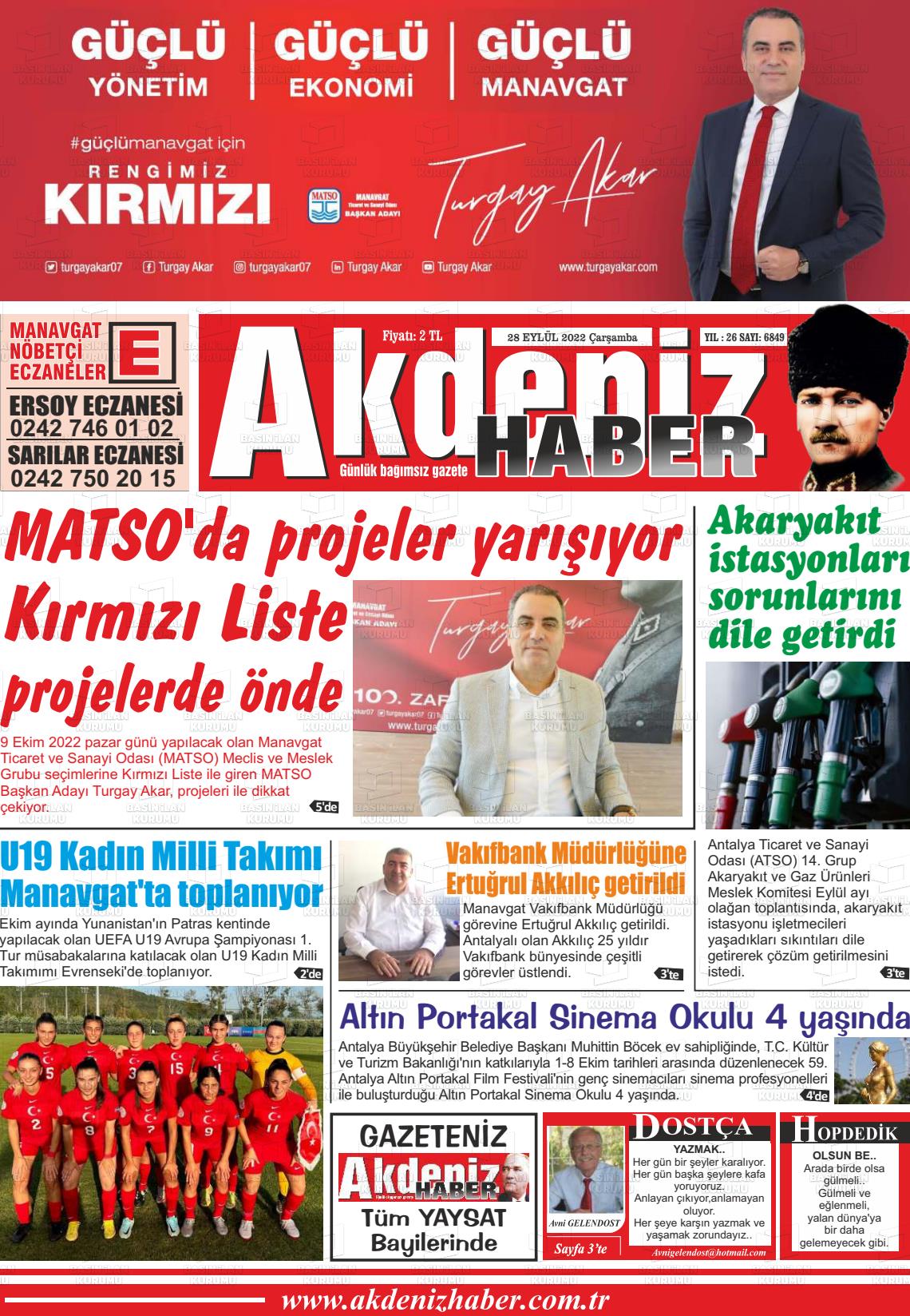 28 Eylül 2022 Akdeniz Haber Gazete Manşeti