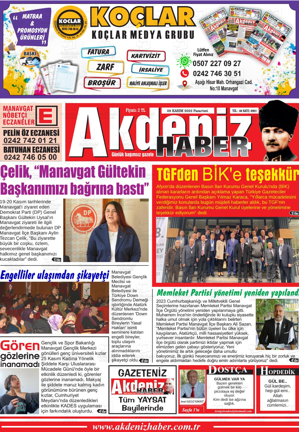 28 Kasım 2022 Akdeniz Haber Gazete Manşeti