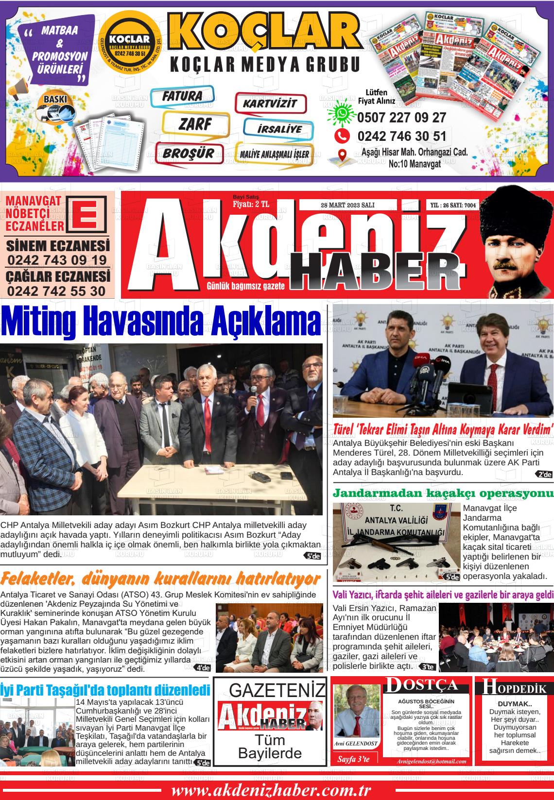 28 Mart 2023 Akdeniz Haber Gazete Manşeti