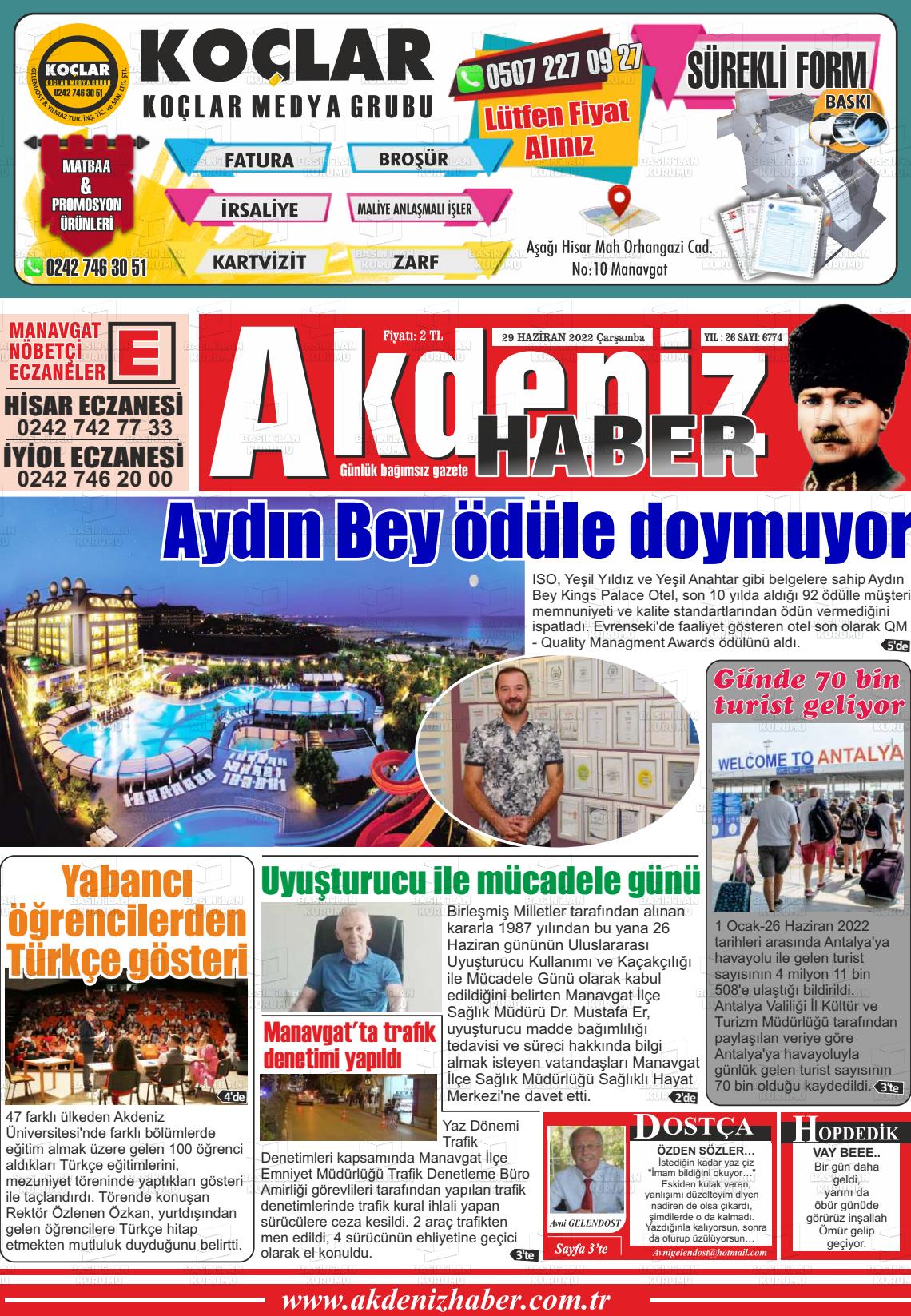 29 Haziran 2022 Akdeniz Haber Gazete Manşeti