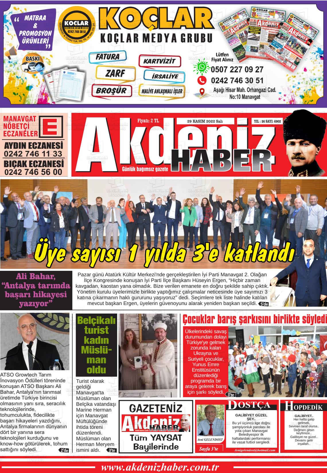 29 Kasım 2022 Akdeniz Haber Gazete Manşeti