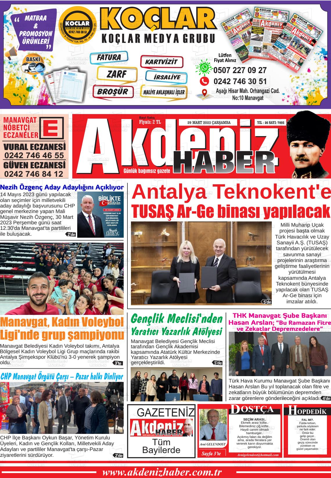 29 Mart 2023 Akdeniz Haber Gazete Manşeti