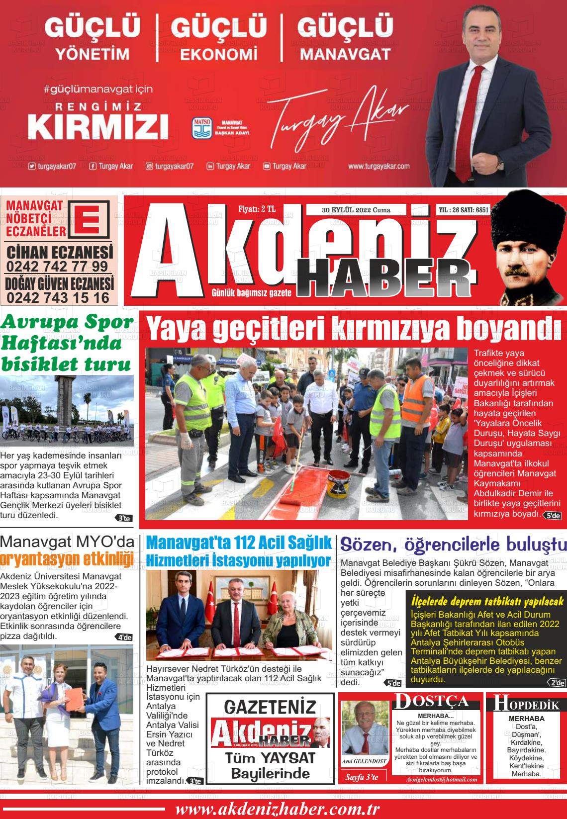 30 Eylül 2022 Akdeniz Haber Gazete Manşeti