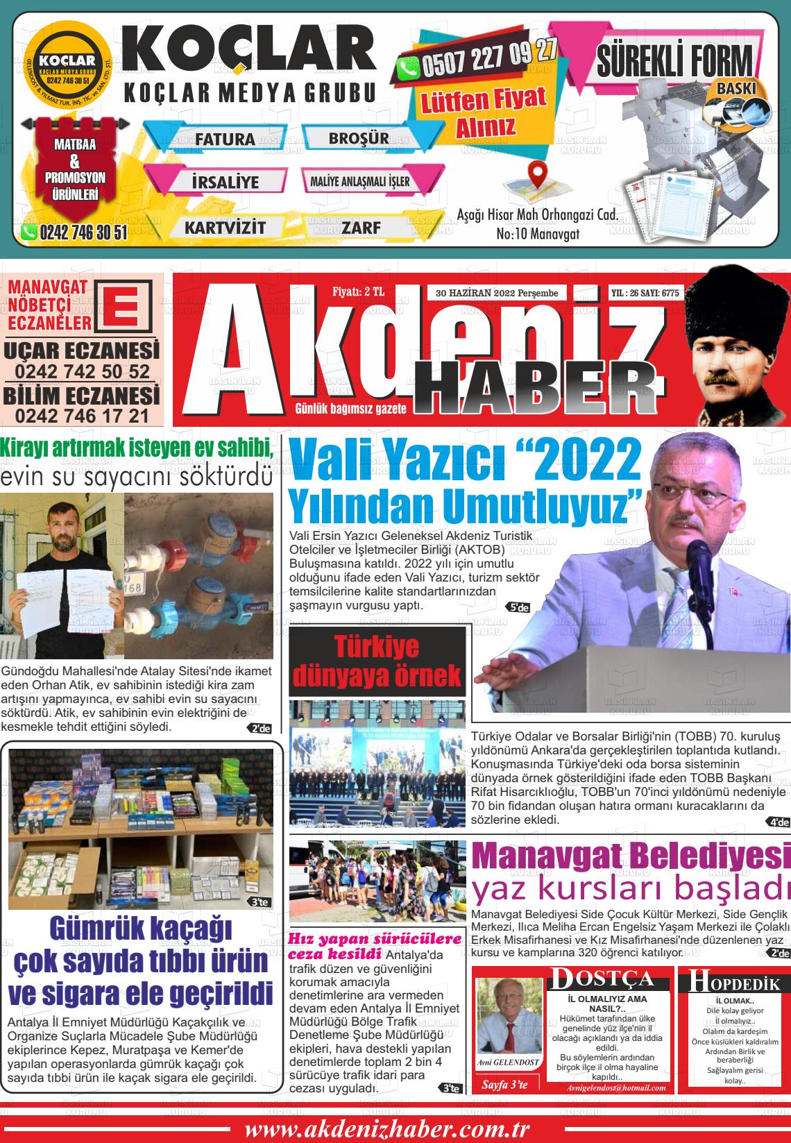 01 Temmuz 2022 Akdeniz Haber Gazete Manşeti