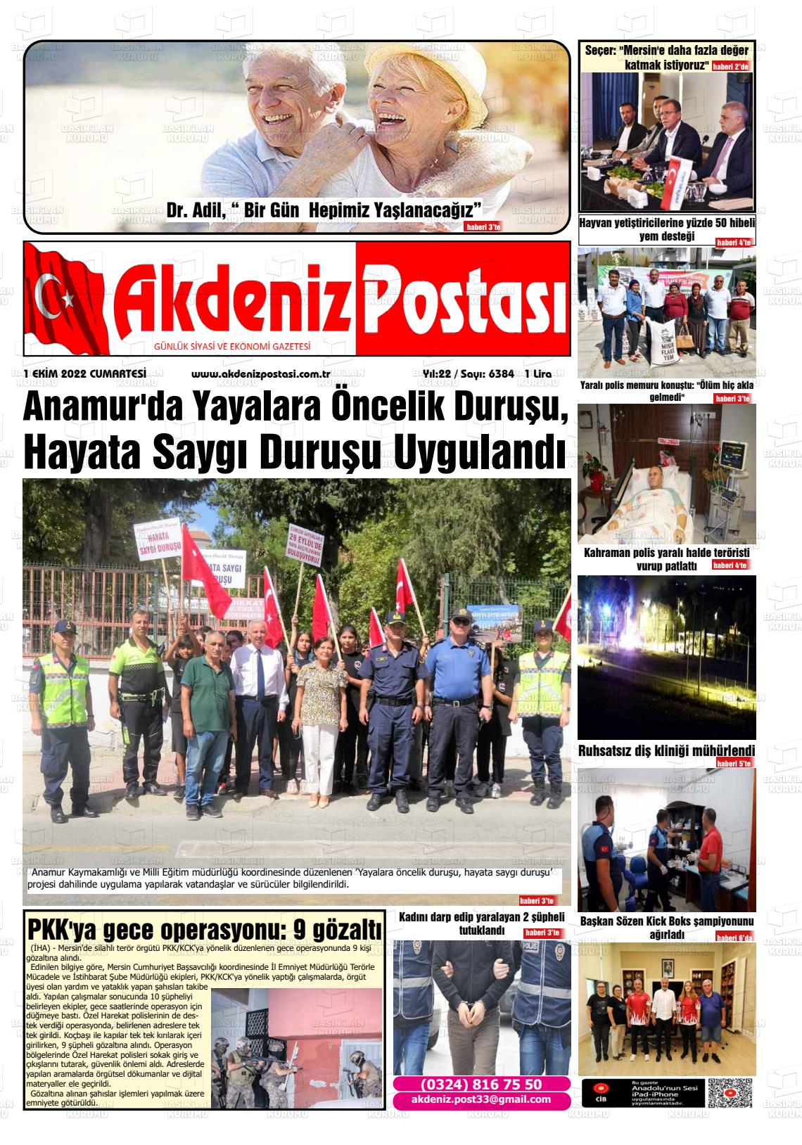 01 Ekim 2022 Akdeniz Postası Gazete Manşeti