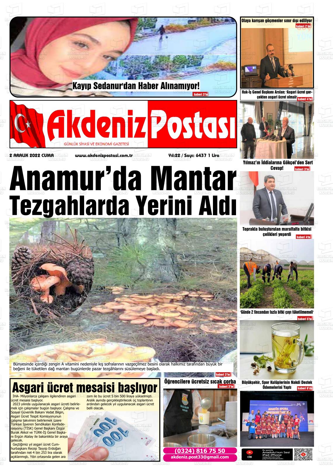 02 Aralık 2022 Akdeniz Postası Gazete Manşeti
