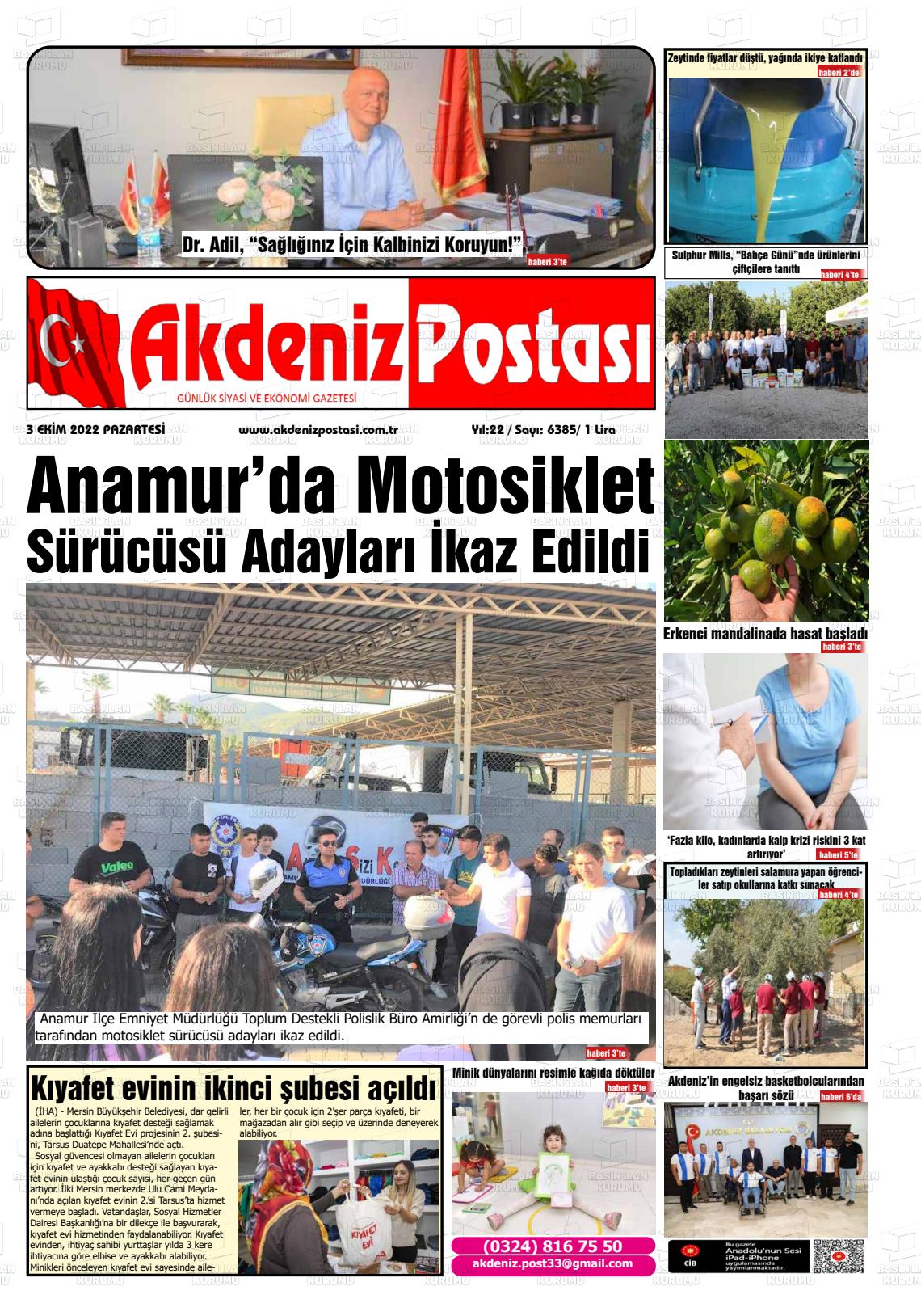 03 Ekim 2022 Akdeniz Postası Gazete Manşeti