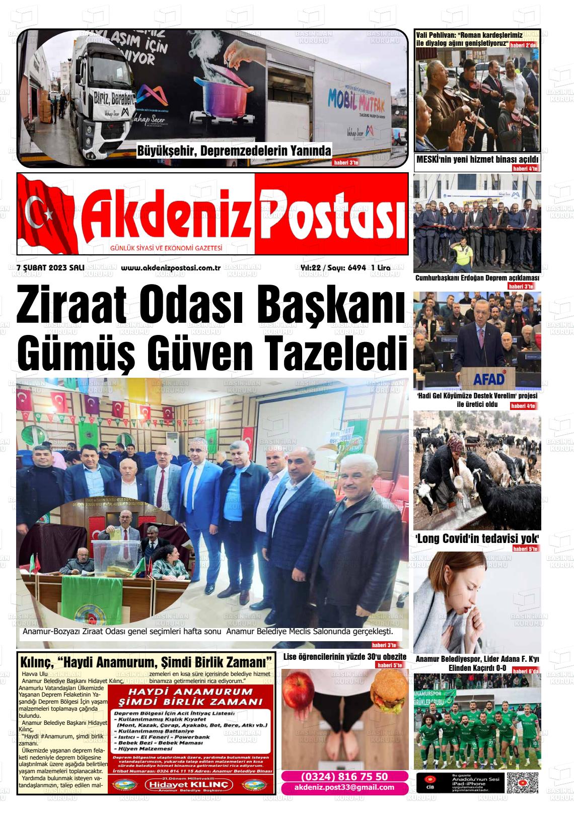 07 Şubat 2023 Akdeniz Postası Gazete Manşeti