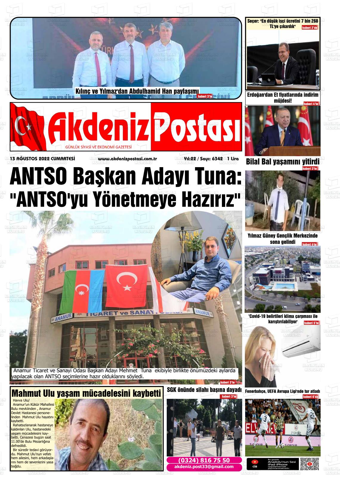 13 Ağustos 2022 Akdeniz Postası Gazete Manşeti