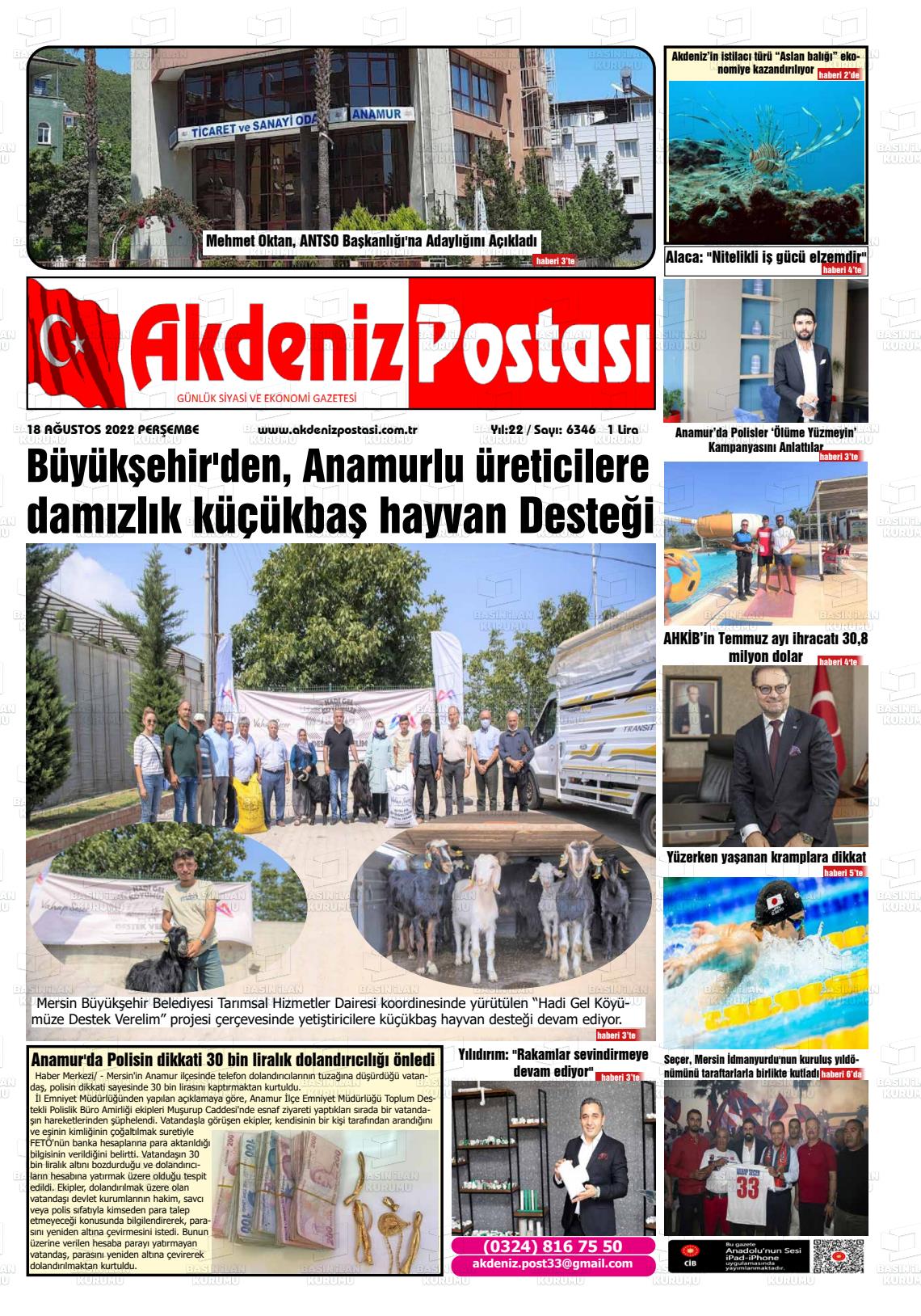 18 Ağustos 2022 Akdeniz Postası Gazete Manşeti