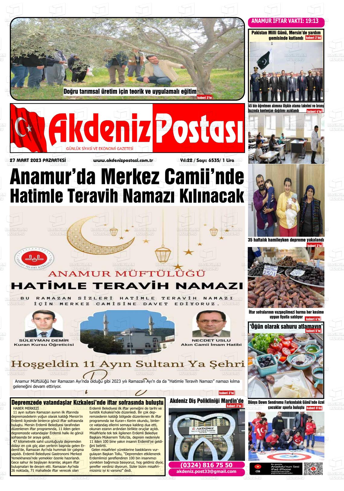 27 Mart 2023 Akdeniz Postası Gazete Manşeti