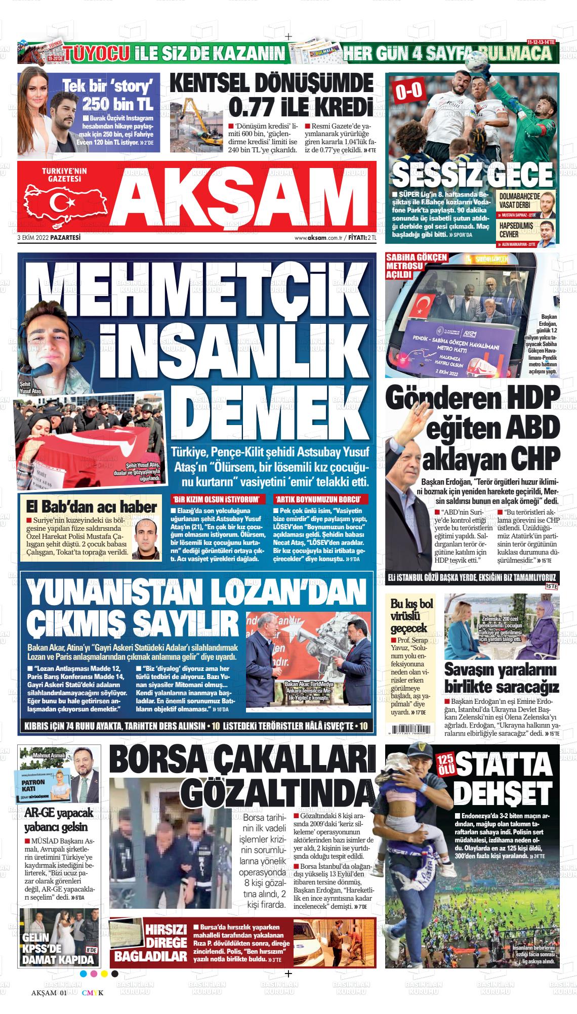 03 Ekim 2022 Akşam Gazete Manşeti