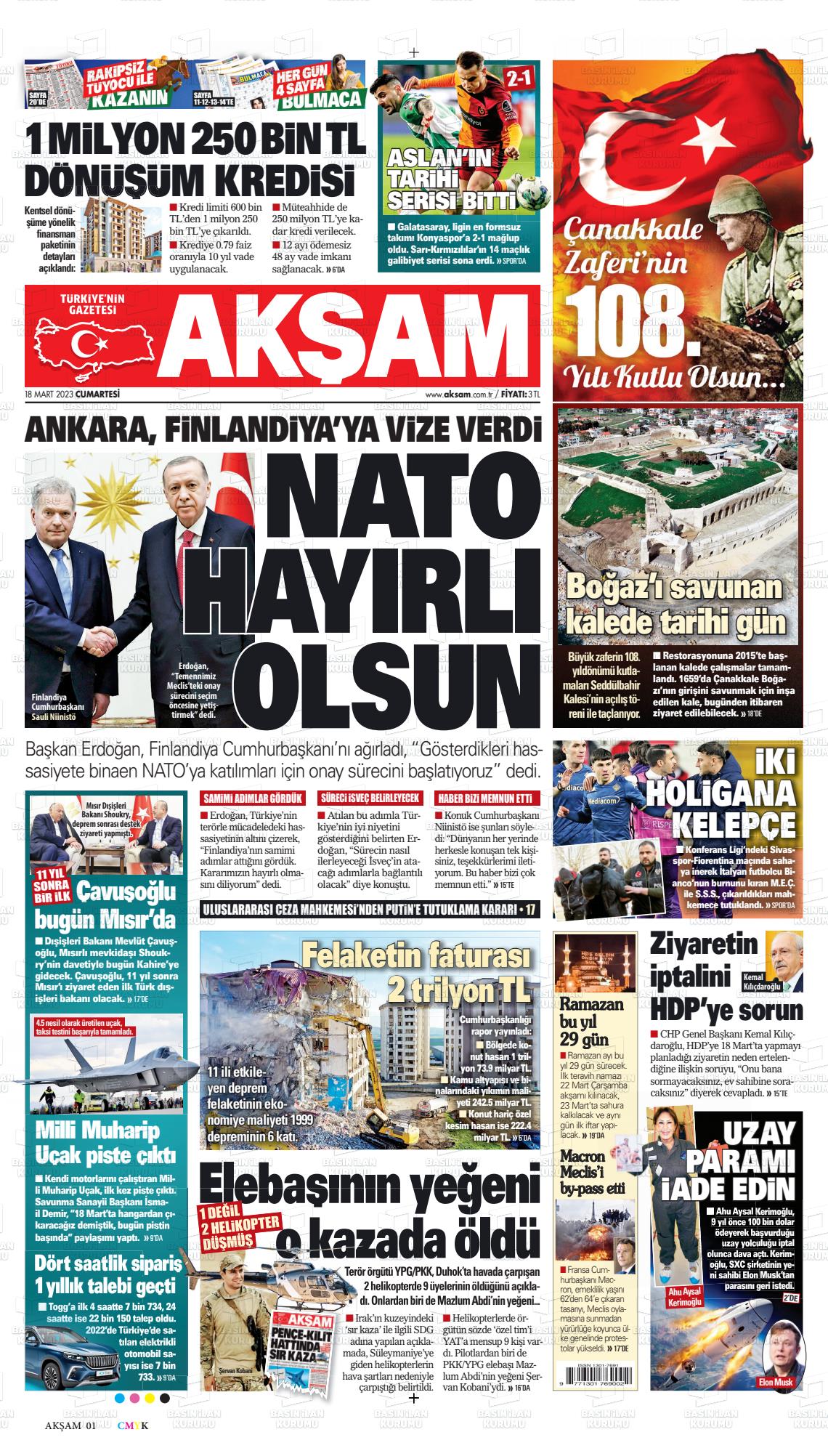 18 Mart 2023 Akşam Gazete Manşeti