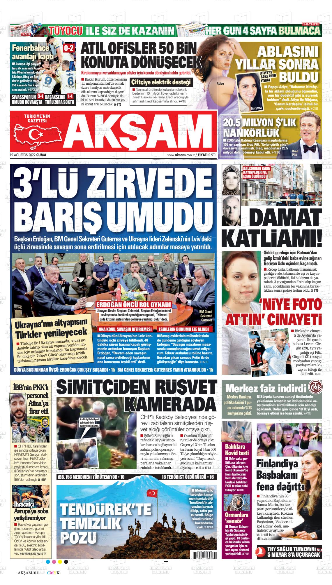 19 Ağustos 2022 Akşam Gazete Manşeti