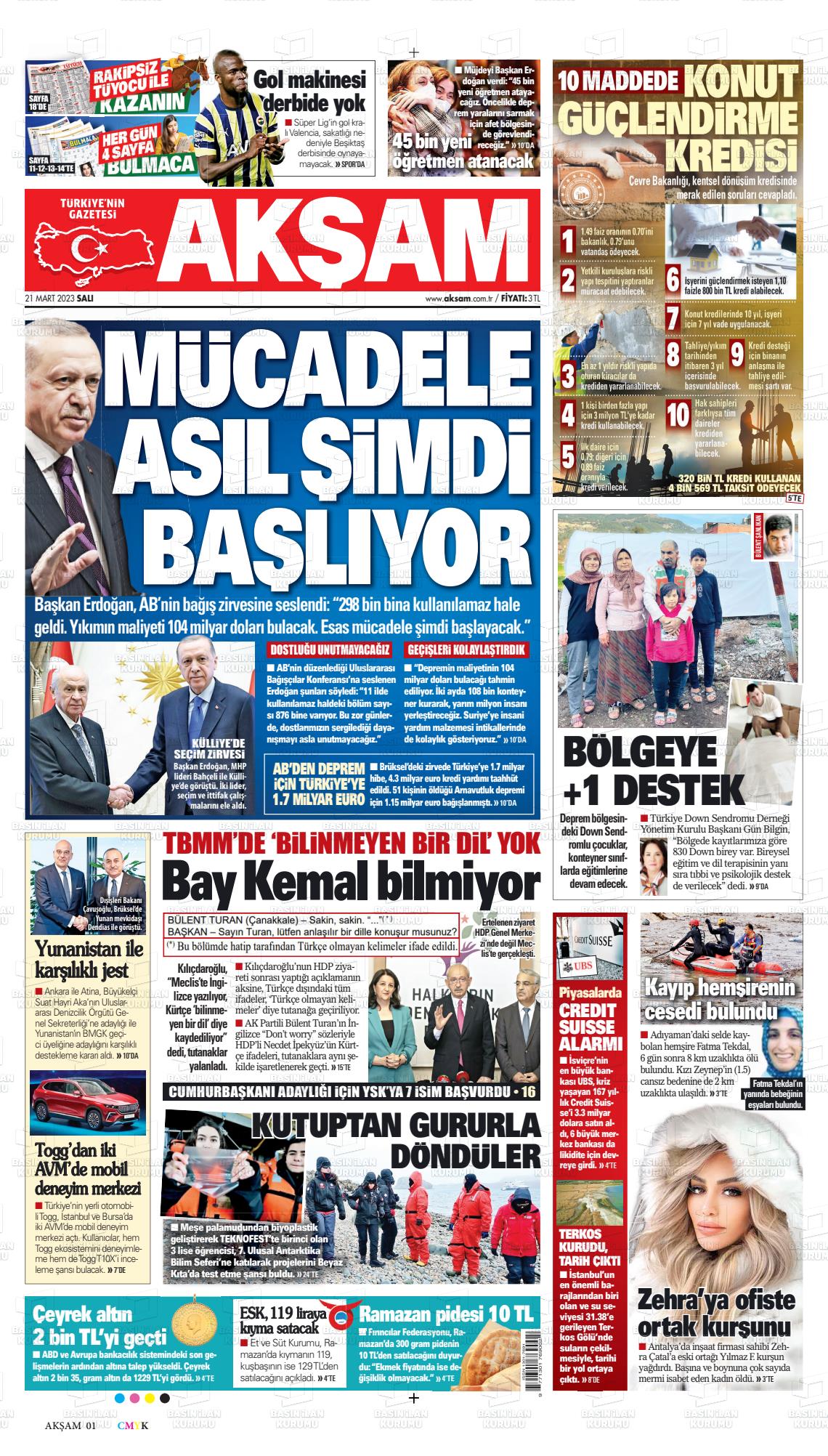 21 Mart 2023 Akşam Gazete Manşeti