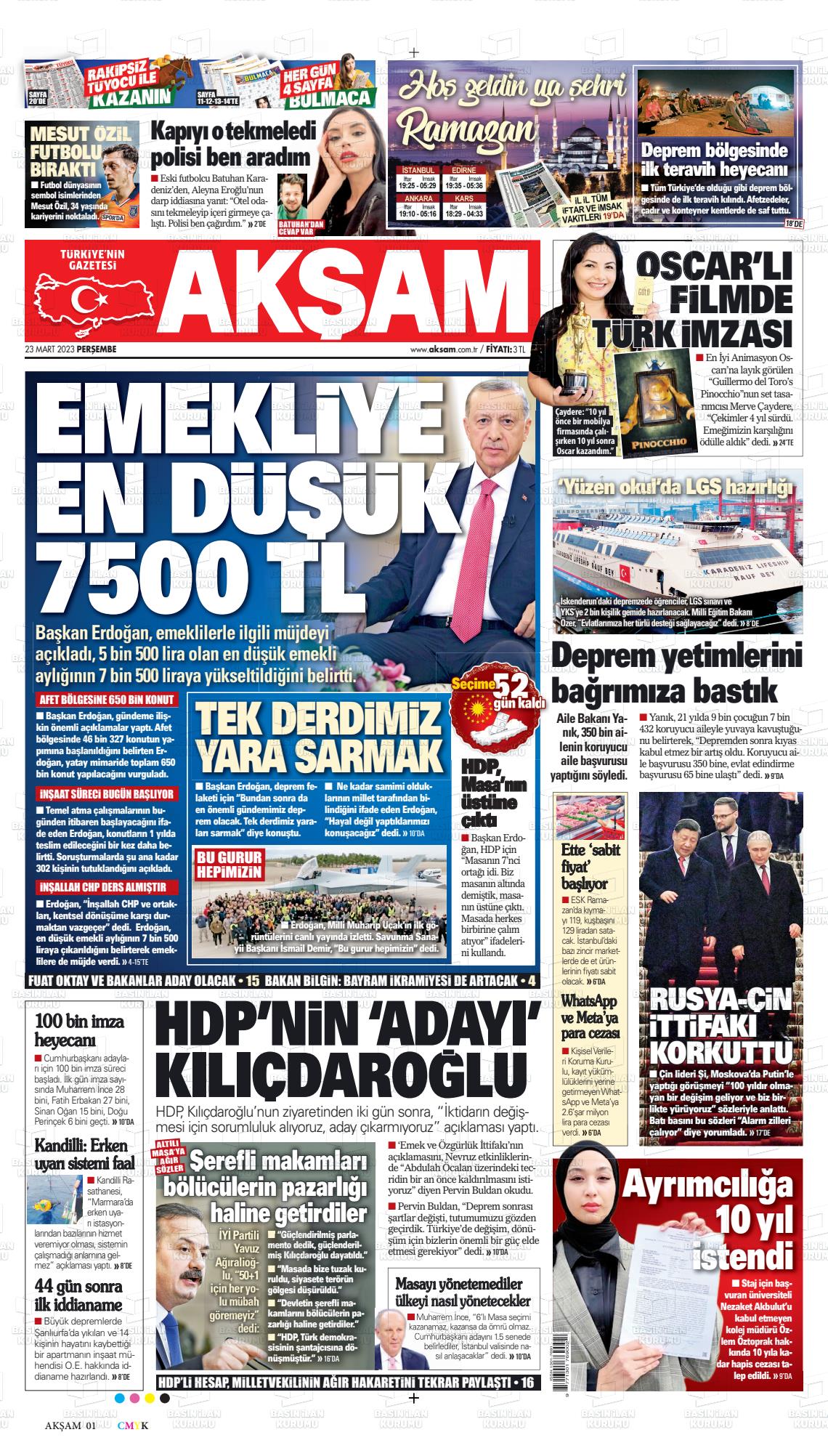 23 Mart 2023 Akşam Gazete Manşeti